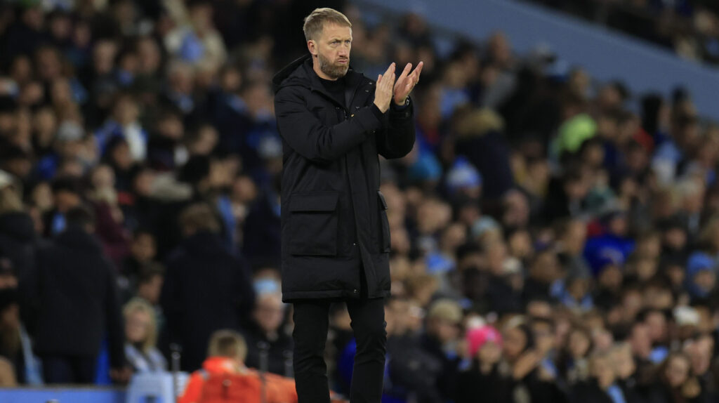 Graham Potter the Chelsea manager applauds his team during the Carabao Cup Third Round match Manchester City vs Chelsea at Etihad Stadium, Manchester, United Kingdom, 9th November 2022

(Photo by Conor Molloy/News Images) in Manchester, United Kingdom on 11/9/2022. (Photo by Conor Molloy/News Images/Sipa USA)