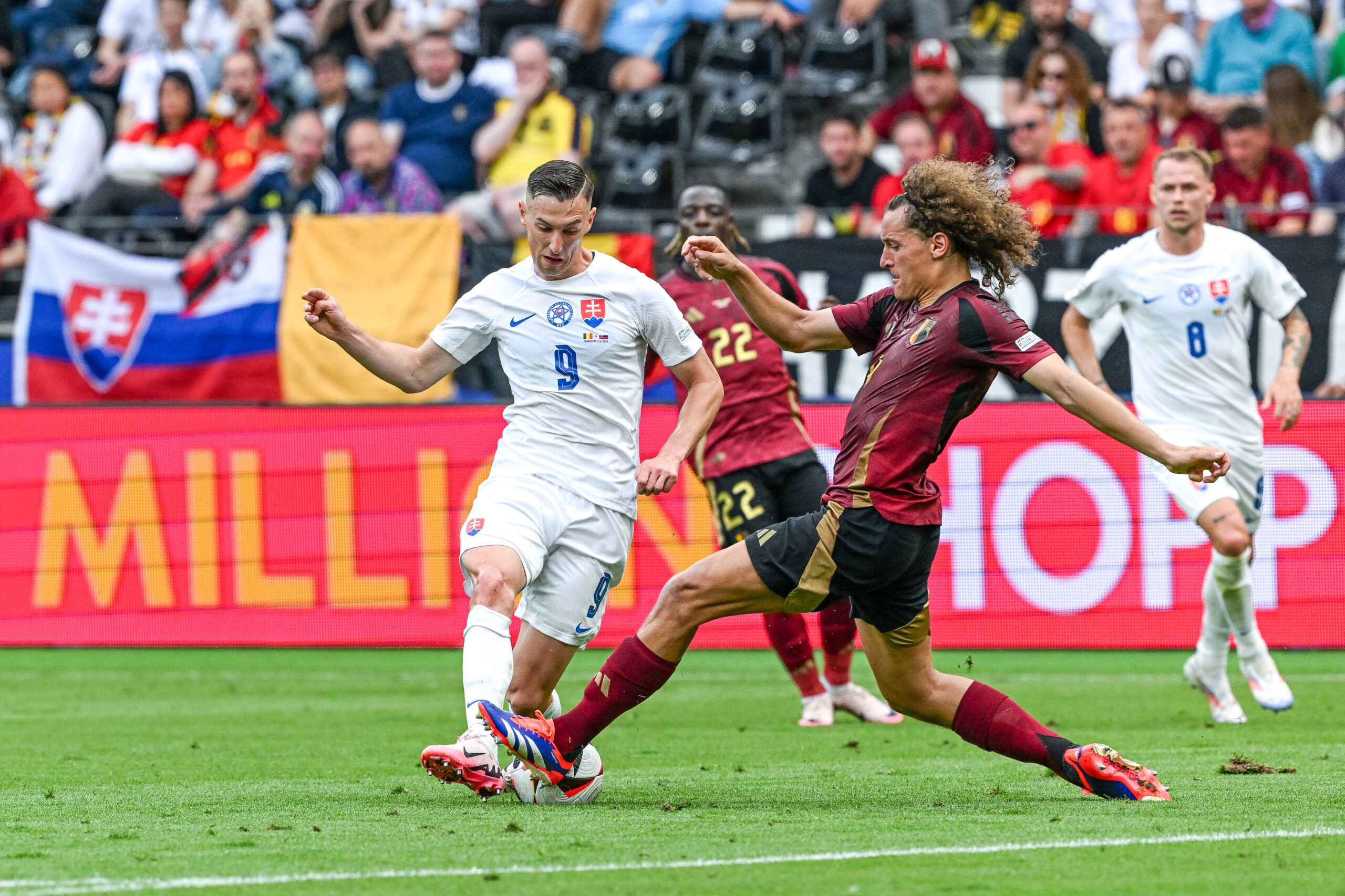 Robert Bozenik (9) of Slovakia and Wout Faes (4) of Belgium during a soccer game between the national teams of Belgium, called the Red Devils and Slovakia on the first matchday in Group E  in the group stage of the UEFA Euro 2024 tournament , on Monday 17 June 2024  in Frankfurt  , Germany . (Photo by Stijn Audooren/Sportpix/Sipa USA)
2024.06.17 Frankfurt
pilka nozna mistrzostwa Europy UEFA Euro 2024
Belgia - Slowacja
Foto Content Curation/SIPA USA/PressFocus

!!! POLAND ONLY !!!