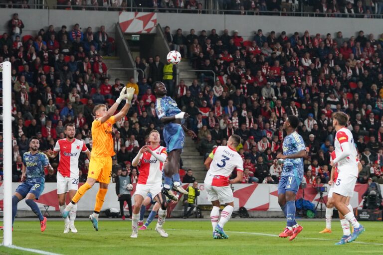 PRAGUE, 03-10-2024 , Eden Arena, football, UEFA Europa League, season 2024 / 2025, Match between Slavia Praag and Ajax , (L-R) Slavia Praag goalkeeper Antonín Kinsky, Ajax player Brian Brobbey (Photo by Pro Shots/Sipa USA)
2024.10.03 PRAGUE
pilka nozna liga europy
Slavia Praga - Ajax Amsterdam
Foto Pro Shots Photo Agency/SIPA USA/PressFocus

!!! POLAND ONLY !!!