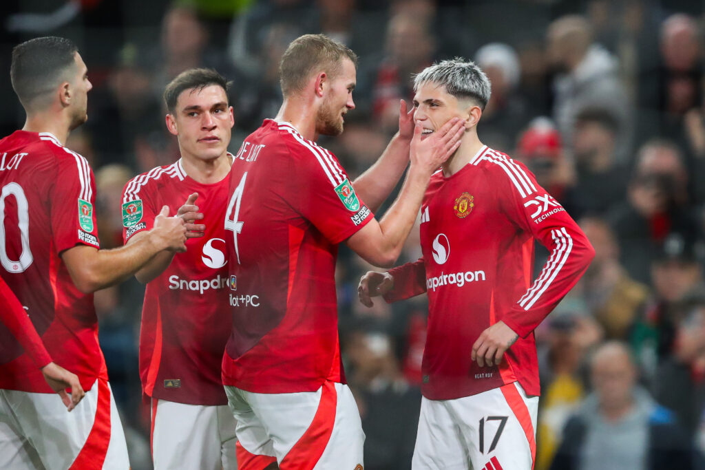 Alejandro Garnacho of Manchester United celebrates his goal to make it 2-0 during the Carabao Cup Last 16 match Manchester United vs Leicester City at Old Trafford, Manchester, United Kingdom, 30th October 2024

(Photo by Gareth Evans/News Images) in ,  on 10/30/2024. (Photo by Gareth Evans/News Images/Sipa USA)
2024.10.30 Manchester
pilka nozna Puchar Ligi Angielskiej
Manchester United - Leicester City
Foto Gareth Evans/News Images/SIPA USA/PressFocus

!!! POLAND ONLY !!!