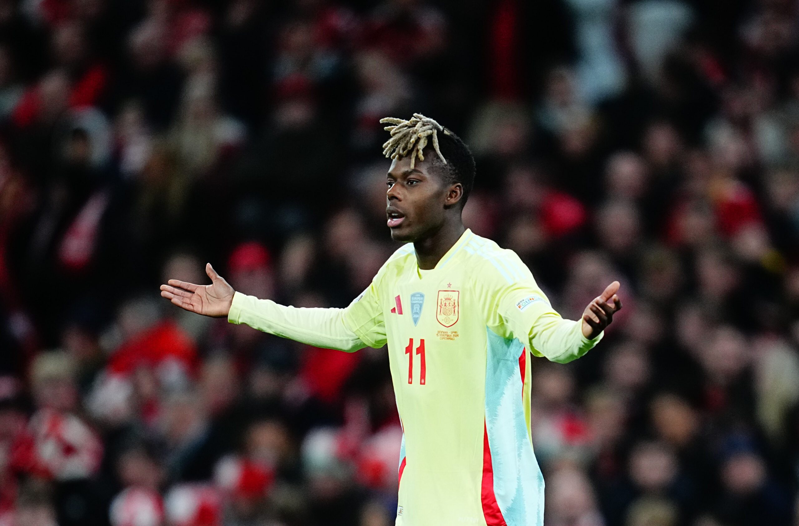 November 15 2024: Nico Williams of Spain  looks on during a UEFA Nations League game, Denmark vs Spain, at Parken, Copenhagen, Denmark. Ulrik Pedersen/CSM/Sipa USA (Credit Image: © Ulrik Pedersen/Cal Sport Media/Sipa USA)
2024.11.15 Kopenhaga
pilka nozna liga narodow
Dania - Hiszpania
Foto Ulrik Pedersen/Cal Sport Media/SIPA USA/PressFocus

!!! POLAND ONLY !!!