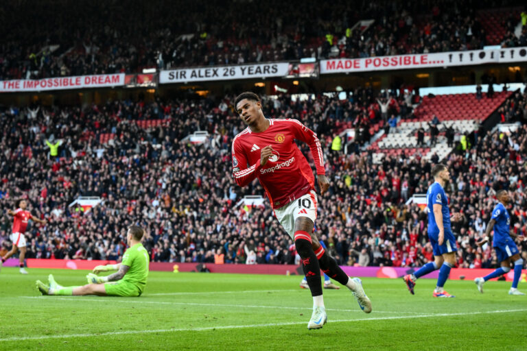 Marcus Rashford of Manchester United celebrates his goal to make it 3-0 during the Premier League match Manchester United vs Everton at Old Trafford, Manchester, United Kingdom, 1st December 2024

(Photo by Craig Thomas/News Images) in Manchester, United Kingdom on 12/1/2024. (Photo by Craig Thomas/News Images/Sipa USA)
2024.12.01 Manchester
pilka nozna liga angielska
Manchester United - Everton
Foto News Images/SIPA USA/PressFocus

!!! POLAND ONLY !!!