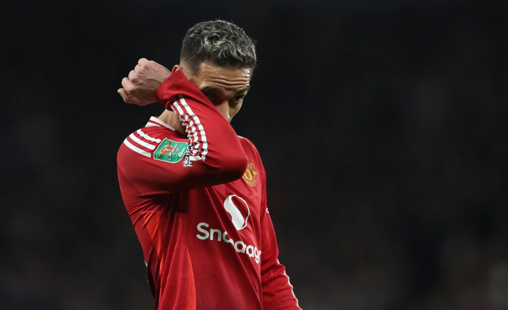 London, England, 19th December 2024. Antony of Manchester United, ManU reacts during the Carabao Cup match at the Tottenham Hotspur Stadium, London. Picture credit should read: Paul Terry / Sportimage EDITORIAL USE ONLY. No use with unauthorised audio, video, data, fixture lists, club/league logos or live services. Online in-match use limited to 120 images, no video emulation. No use in betting, games or single club/league/player publications. SPI-3538-0065
2024.12.19 Londyn
pilka nozna puchar ligi angielskiej
Tottenham Hotspur - Manchester United
Foto IMAGO/PressFocus

!!! POLAND ONLY !!!