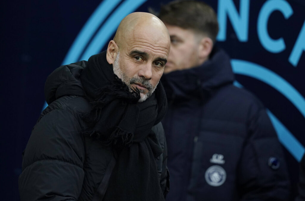 Manchester, England, 4th January 2025. Josep Guardiola coach of Manchester City during the Premier League match at the Etihad Stadium, Manchester. Picture credit should read: Andrew Yates / Sportimage EDITORIAL USE ONLY. No use with unauthorised audio, video, data, fixture lists, club/league logos or live services. Online in-match use limited to 120 images, no video emulation. No use in betting, games or single club/league/player publications. SPI_056_AY_Man_City_West_Ham SPI-3571-0061
2025.01.04 Manchester
pilka nozna liga angielska
Manchester City - West Ham United
Foto IMAGO/PressFocus

!!! POLAND ONLY !!!