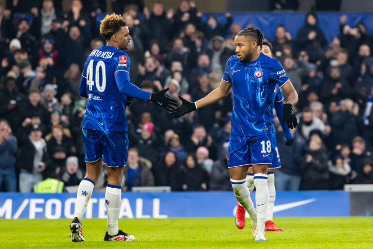 Football - 2024 / 2025 Emirates FA Cup - Round Three - Chelsea vs Morecombe - Stamford Bridge - Saturday 11th January 2025. Christopher Nkunku Chelsea FC celebrates after scoring with Renato Veiga Chelsea FC at Stamford Bridge COLORSPORT/DANIEL BEARHAM PUBLICATIONxNOTxINxUK csp_che_mor_db_11012025
2025.01.11 Londyn
pilka nozna Puchar Anglii
Chelsea - Morecombe
Foto IMAGO/PressFocus

!!! POLAND ONLY !!!