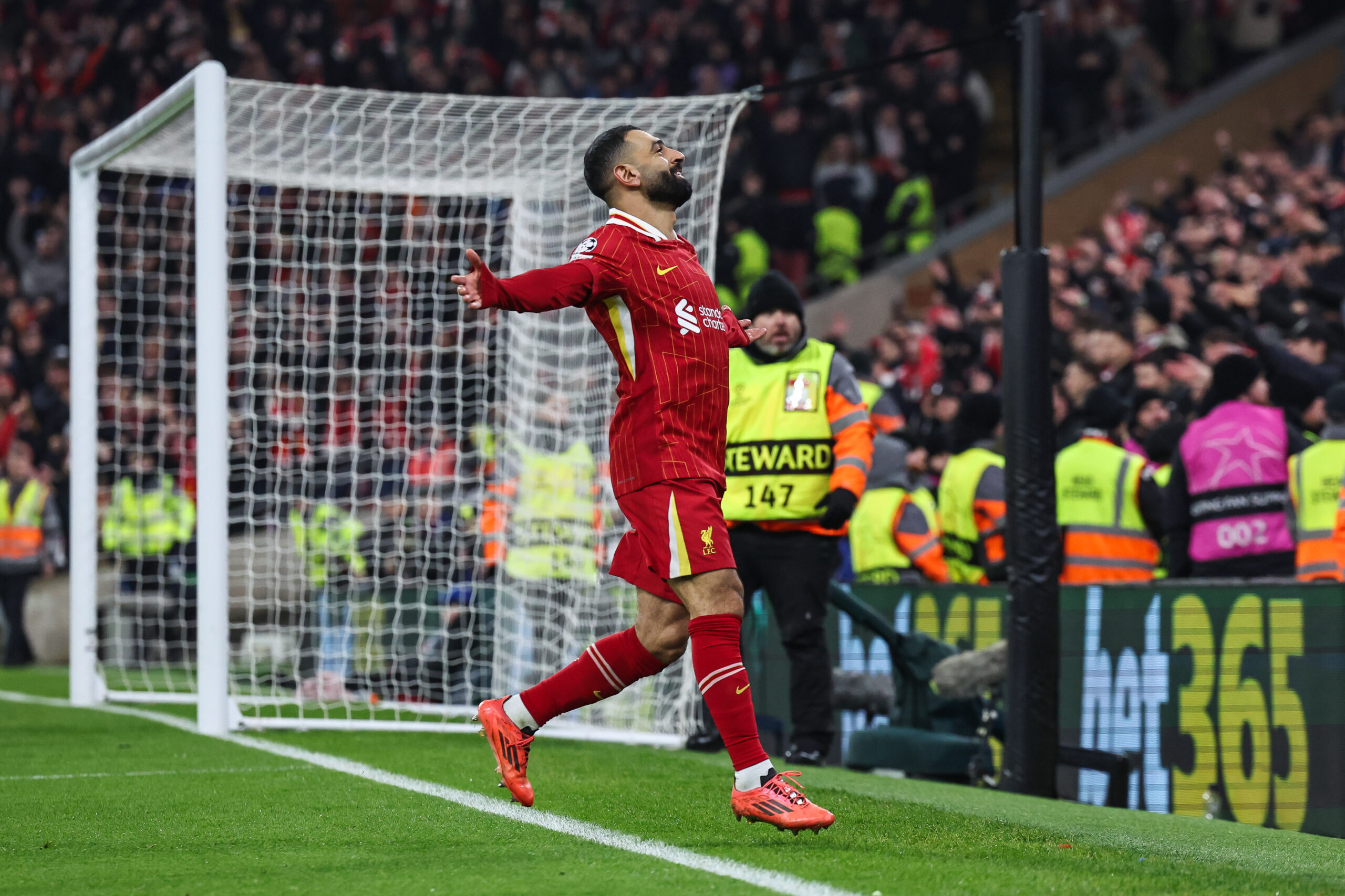 Mohamed Salah of Liverpool celebrates his goal to make it  1-0 during the UEFA Champions League - League Stage Liverpool v Lille at Anfield, Liverpool, United Kingdom, 21st January 2025

(Photo by Mark Cosgrove/News Images) in ,  on 1/21/2025. (Photo by Mark Cosgrove/News Images/Sipa USA)
2025.01.21 Liverpool
pilka nozna Liga Mistrzow
FC Liverpool - Lille OSC
Foto Mark Cosgrove/News Images/SIPA USA/PressFocus

!!! POLAND ONLY !!!