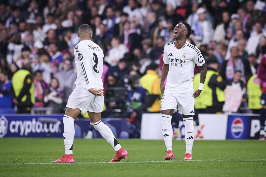 UEFA Champions League football match between Real Madrid CF and RB Salzburg at Santiago Bernabeu Stadium in Madrid, Spain, January 22, 2025
Kylian Mbappe with Vinicius Jr

(Photo by Cordon Press/Sipa USA)
2025.01.22 Madryt
pilka nozna liga mistrzow
Real Madryt - FC Salzburg
Foto Cordon Press/SIPA USA/PressFocus

!!! POLAND ONLY !!!