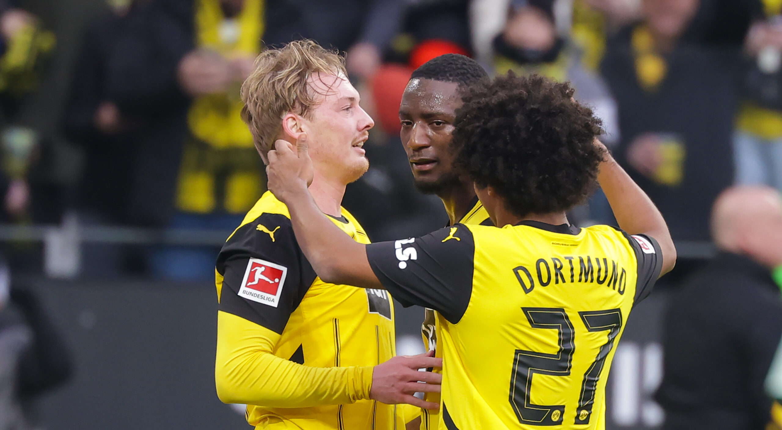 (250126) -- DORTMUND, Jan. 26, 2025 (Xinhua) -- Serhou Guirassy (C) of Borussia Dortmund celebrates scoring with his teammates Julian Brandt(L) and Karim Adeyemi during the first division of Bundesliga football match between Borussia Dortmund and SV Werder Bremen in Dortmund, Germany, Jan. 25, 2025. (Photo by Joachim Bywaletz/Xinhua)

25.01.2025 DORTMUND
pilka nozna liga francuska
Borussia Dortmund - SV Werder Bremen
FOTO Joachim Bywaletz / Xinhua / PressFocus

POLAND ONLY!!