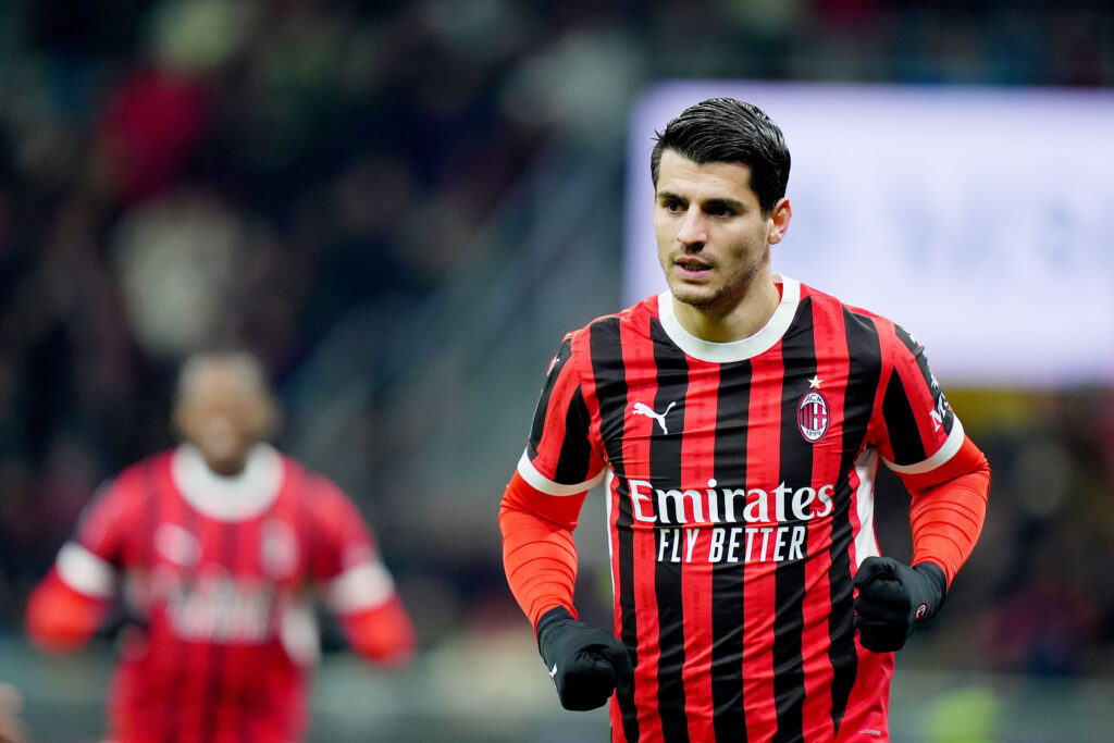 AC MilanÕs Alvaro Morata celebrates after scoring 1-0  during  the Serie A soccer match between Milan and Cagliari at San Siro  Stadium in Milan  , North Italy - Saturday  , January  11  , 2024. Sport - Soccer . (Photo by Spada/Lapresse) (Photo by Spada/LaPresse/Sipa USA)
2025.01.11 Mediolan
pilka nozna Liga Wloska
AC Milan - Cagliari Calcio
Foto Spada/LaPresse/SIPA USA/PressFocus

!!! POLAND ONLY !!!