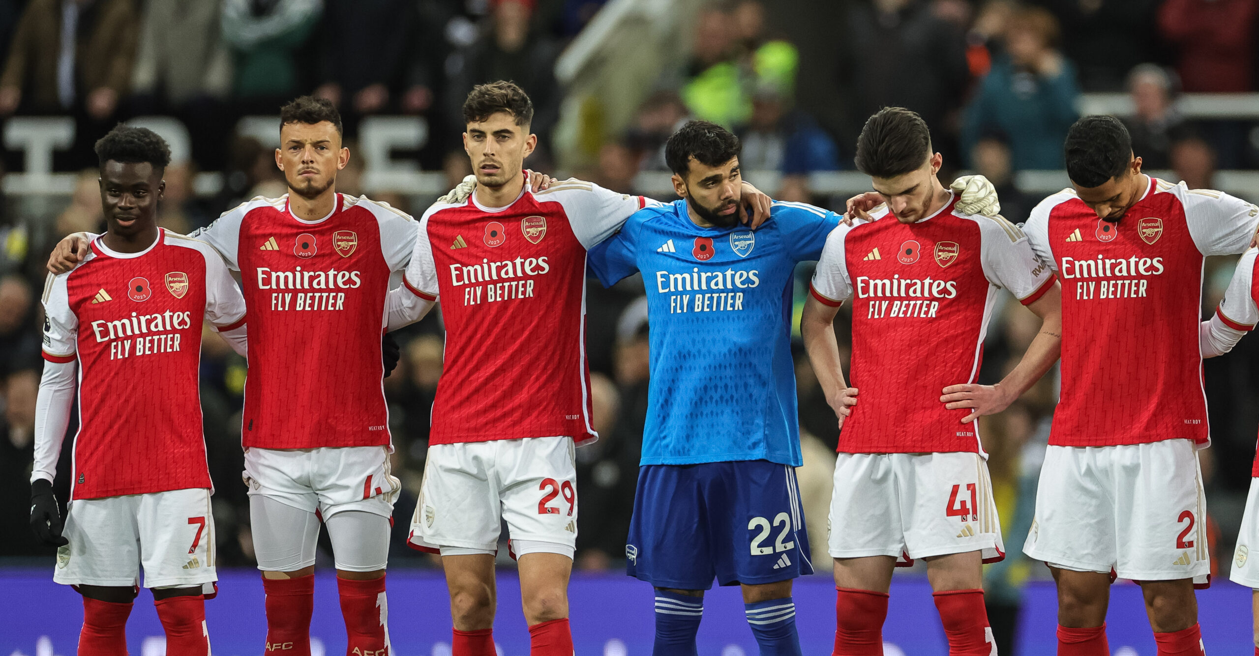 Bukayo Saka #7 of Arsenal Ben White #4 of Arsenal Kai Havertz #29 of Arsenal David Raya #22 of Arsenal Declan Rice #41 of Arsenal William Saliba #2 of Arsenal during the Premier League match Newcastle United vs Arsenal at St. James&#039;s Park, Newcastle, United Kingdom, 4th November 2023

(Photo by Mark Cosgrove/News Images) in Newcastle, United Kingdom on 11/4/2023. (Photo by Mark Cosgrove/News Images/Sipa USA)
2023.11.04 Newcastle
pilka nozna liga angielska
Newcastle United - Arsenal
Foto Mark Cosgrove/News Images/SIPA USA/PressFocus

!!! POLAND ONLY !!!