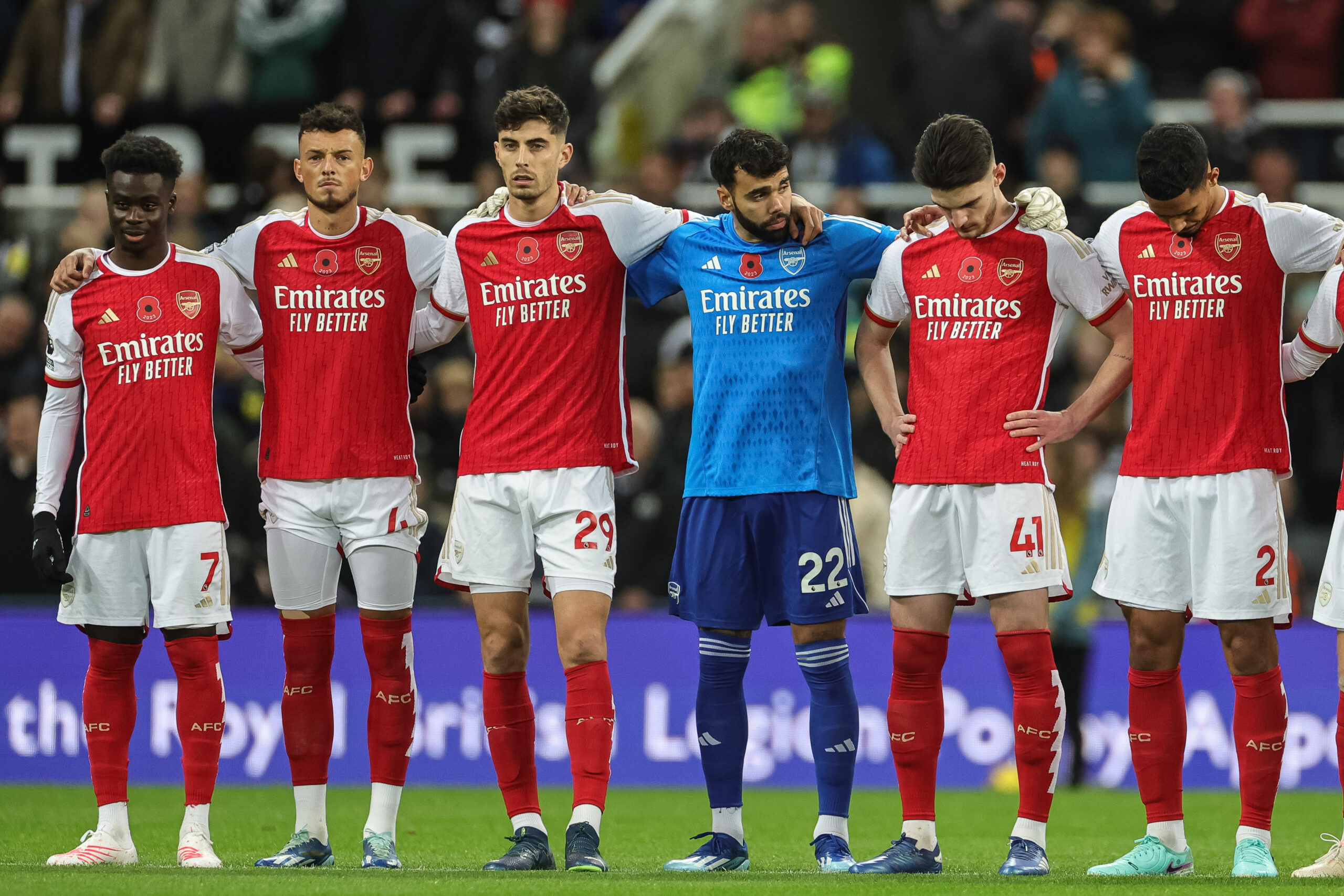 Bukayo Saka #7 of Arsenal Ben White #4 of Arsenal Kai Havertz #29 of Arsenal David Raya #22 of Arsenal Declan Rice #41 of Arsenal William Saliba #2 of Arsenal during the Premier League match Newcastle United vs Arsenal at St. James&#039;s Park, Newcastle, United Kingdom, 4th November 2023

(Photo by Mark Cosgrove/News Images) in Newcastle, United Kingdom on 11/4/2023. (Photo by Mark Cosgrove/News Images/Sipa USA)
2023.11.04 Newcastle
pilka nozna liga angielska
Newcastle United - Arsenal
Foto Mark Cosgrove/News Images/SIPA USA/PressFocus

!!! POLAND ONLY !!!