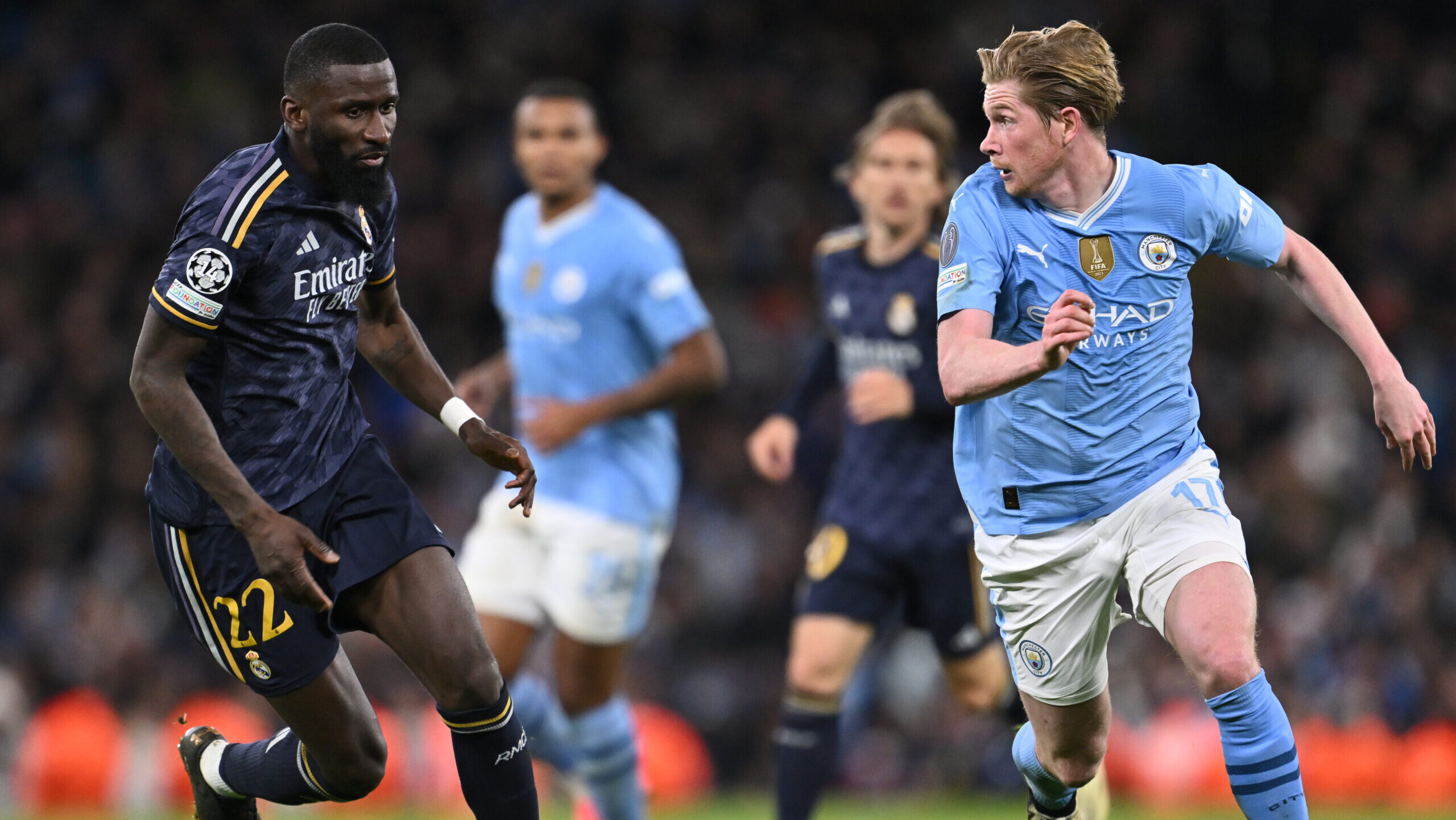 Kevin De Bruyne of Manchester City battles for possession with Antonio Rdiger of Real Madrid during the UEFA Champions League semi final return leg football match between Manchester City and Real Madrid at the Etihad Stadium in Manchester England  (Will Palmer/SPP) (Photo by Will Palmer/SPP/Sipa USA)
2024.04.17 Manchester
pilka nozna , Liga Mistrzow
Manchester City - Real Madryt
Foto Will Palmer/SPP/SIPA USA/PressFocus

!!! POLAND ONLY !!!