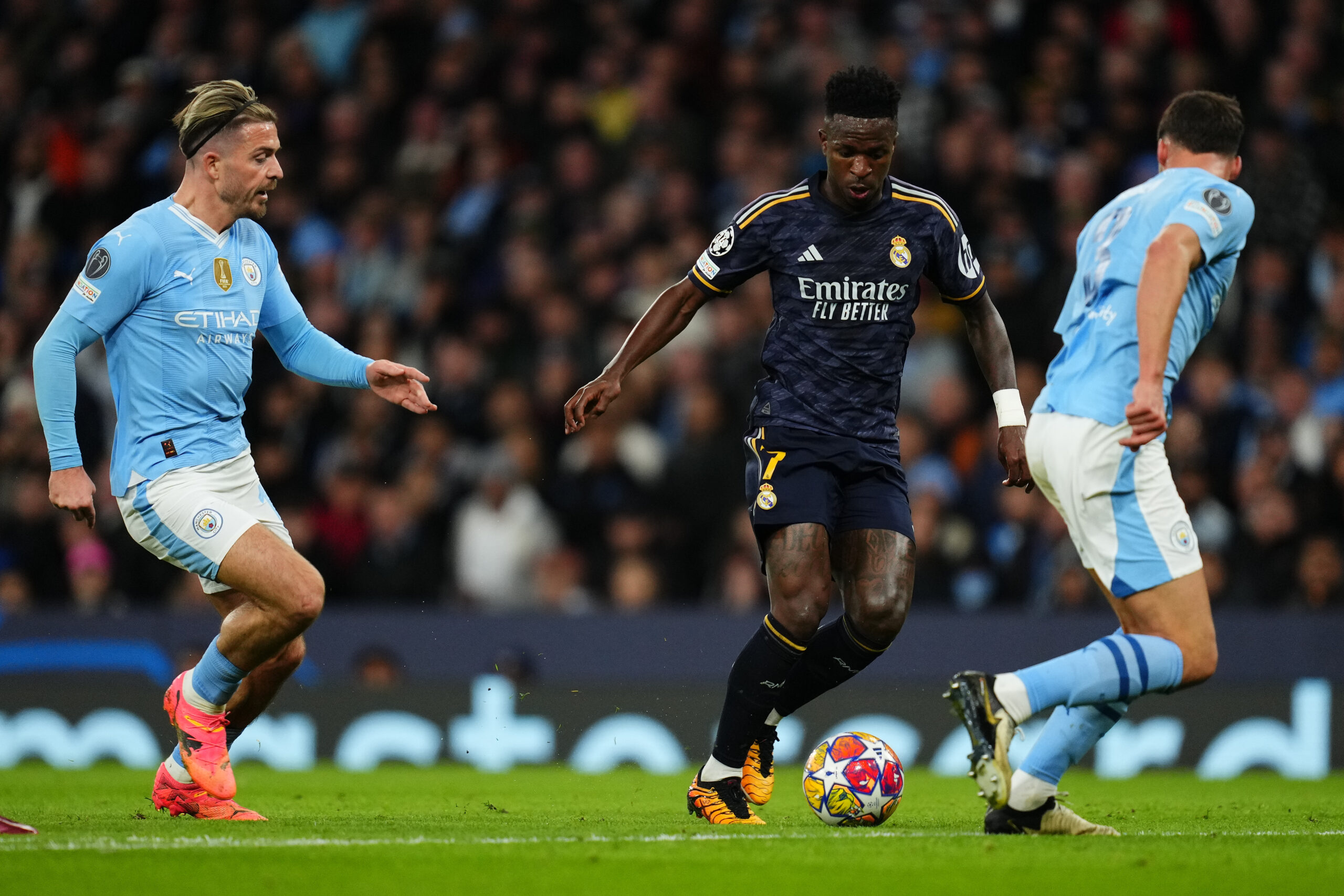Vinicius Junior of Real Madrid, Jack Grealish and Ruben Dias of Manchester City during the UEFA Champions League match, Quarter-finals, second leg, between Manchester City and Real Madrid played at Etihad Stadium on April 17, 2024 in Manchester, England. (Photo by Bagu Blanco / pressinphoto / Sipa USA)PHOTO)
2024.04.17 Manchester
pilka nozna , liga mistrzow
Manchester City - Real Madryt
Foto Bagu Blanco/pressinphoto/SIPA USA/PressFocus
!!! POLAND ONLY !!!