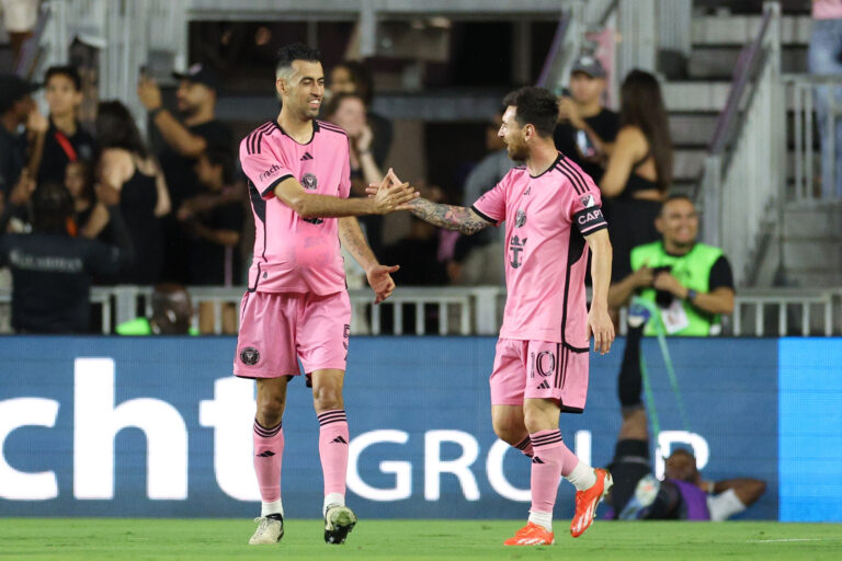 Apr 20, 2024; Fort Lauderdale, Florida, USA; Inter Miami CF defender Sergio Busquets (5) celebrates with forward Lionel Messi (10) after scoring a goal against Nashville SC in the first half at Chase Stadium. Mandatory Credit: Nathan Ray Seebeck-USA TODAY Sports/Sipa USA
2024.04.20 Fort Lauderdale
pilka nozna amerykanska liga MLS
MLS: Nashville SC at Inter Miami CF
Foto Nathan Ray Seebeck-USA TODAY Sports/SIPA USA/PressFocus

!!! POLAND ONLY !!!