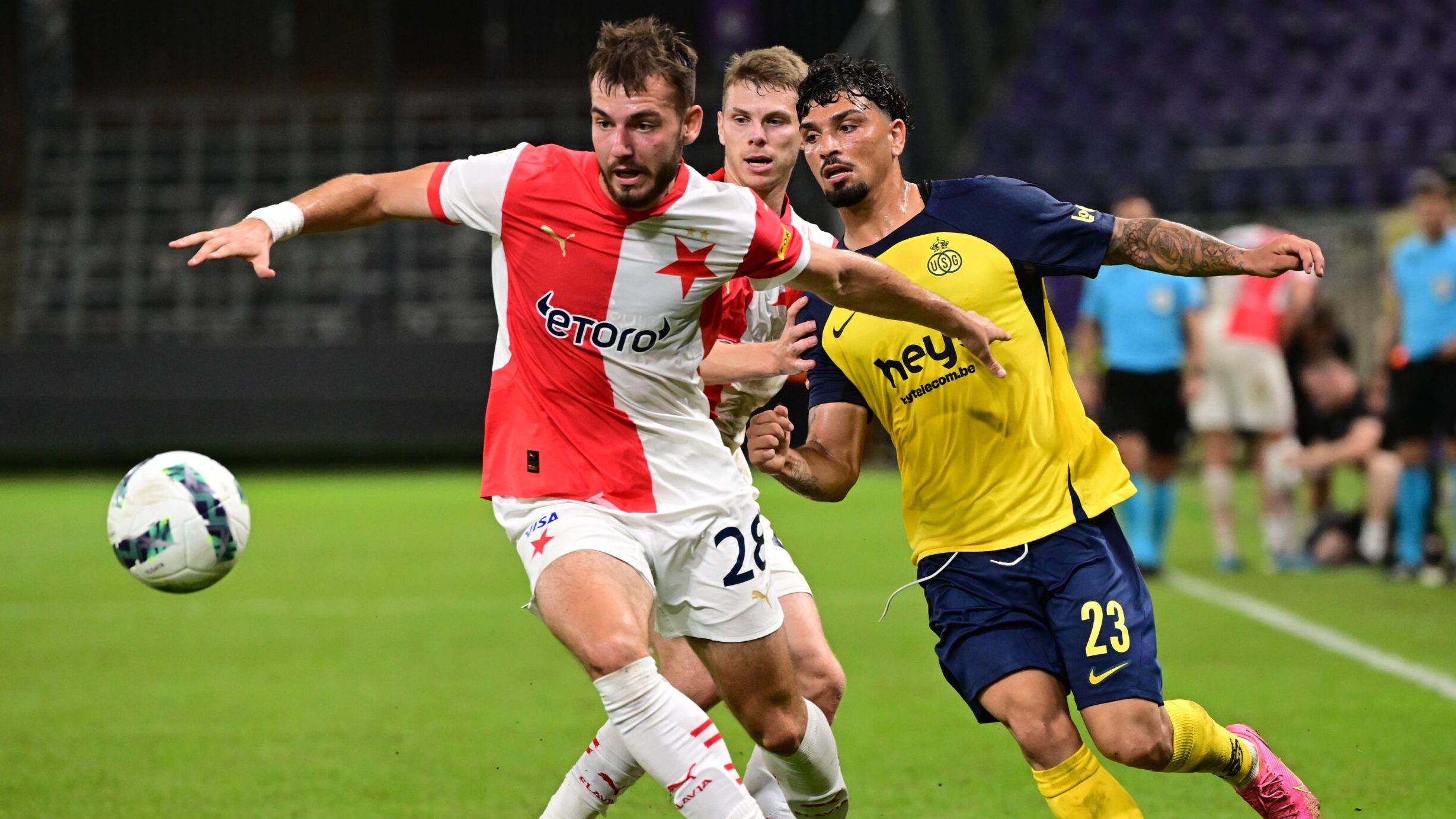 Slavia Prague&#039;s Filip Prebsl and Union&#039;s Cameron Puertas Castro fight for the ball during a soccer game between Belgian Royale Union Saint-Gilloise and Czech SK Slavia Praha, on Tuesday 13 August 2024 in Anderlecht, Brussels, the return leg of the third qualifying round for the UEFA Champions League competition. Praha won the first leg 3-1. BELGA PHOTO LAURIE DIEFFEMBACQ (Photo by LAURIE DIEFFEMBACQ/Belga/Sipa USA)
2024.08.13 Bruksela
pilka nozna liga mistrzow
Royale Union Saint-Gilloise - SK Slavia Praga
Foto Belga/SIPA USA/PressFocus

!!! POLAND ONLY !!!