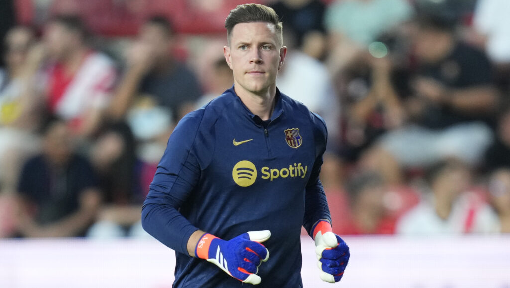 Ter Stegen of FC Barcelona during the La Liga EA Sports match between Rayo Vallecano and FC Barcelona played at Vallecas Stadium on August 27, 2024 in Madrid, Spain. (Photo by Cesar Cebolla / PRESSINPHOTO)
2024.08.27 Madryt
pilka nozna liga hiszpanska 
Rayo Vallecano - FC Barcelona
Foto Cesar Cebolla/pressinphoto/SIPA USA/PressFocus

!!! POLAND ONLY !!!