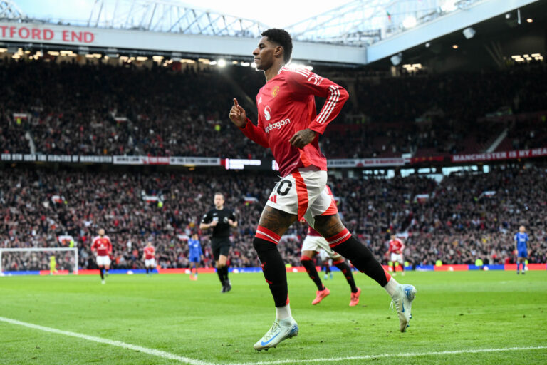 Marcus Rashford of Manchester United celebrates his goal to make it 3-0 during the Premier League match Manchester United vs Everton at Old Trafford, Manchester, United Kingdom, 1st December 2024

(Photo by Craig Thomas/News Images) in Manchester, United Kingdom on 12/1/2024. (Photo by Craig Thomas/News Images/Sipa USA)
2024.12.01 Manchester
pilka nozna liga angielska
Manchester United - Everton
Foto News Images/SIPA USA/PressFocus

!!! POLAND ONLY !!!