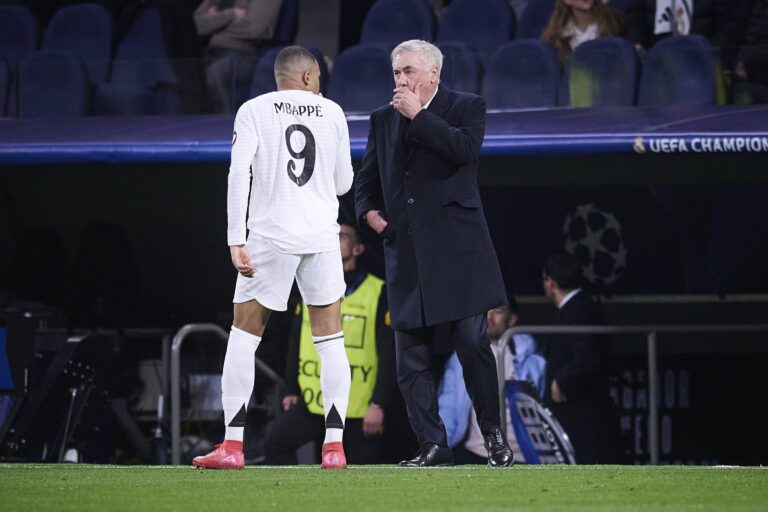 UEFA Champions League football match between Real Madrid CF and RB Salzburg at Santiago Bernabeu Stadium in Madrid, Spain, January 22, 2025
Kylian Mbappe with Ancelotti

(Photo by Cordon Press/Sipa USA)
2025.01.22 Madryt
pilka nozna liga mistrzow
Real Madryt - FC Salzburg
Foto Cordon Press/SIPA USA/PressFocus

!!! POLAND ONLY !!!