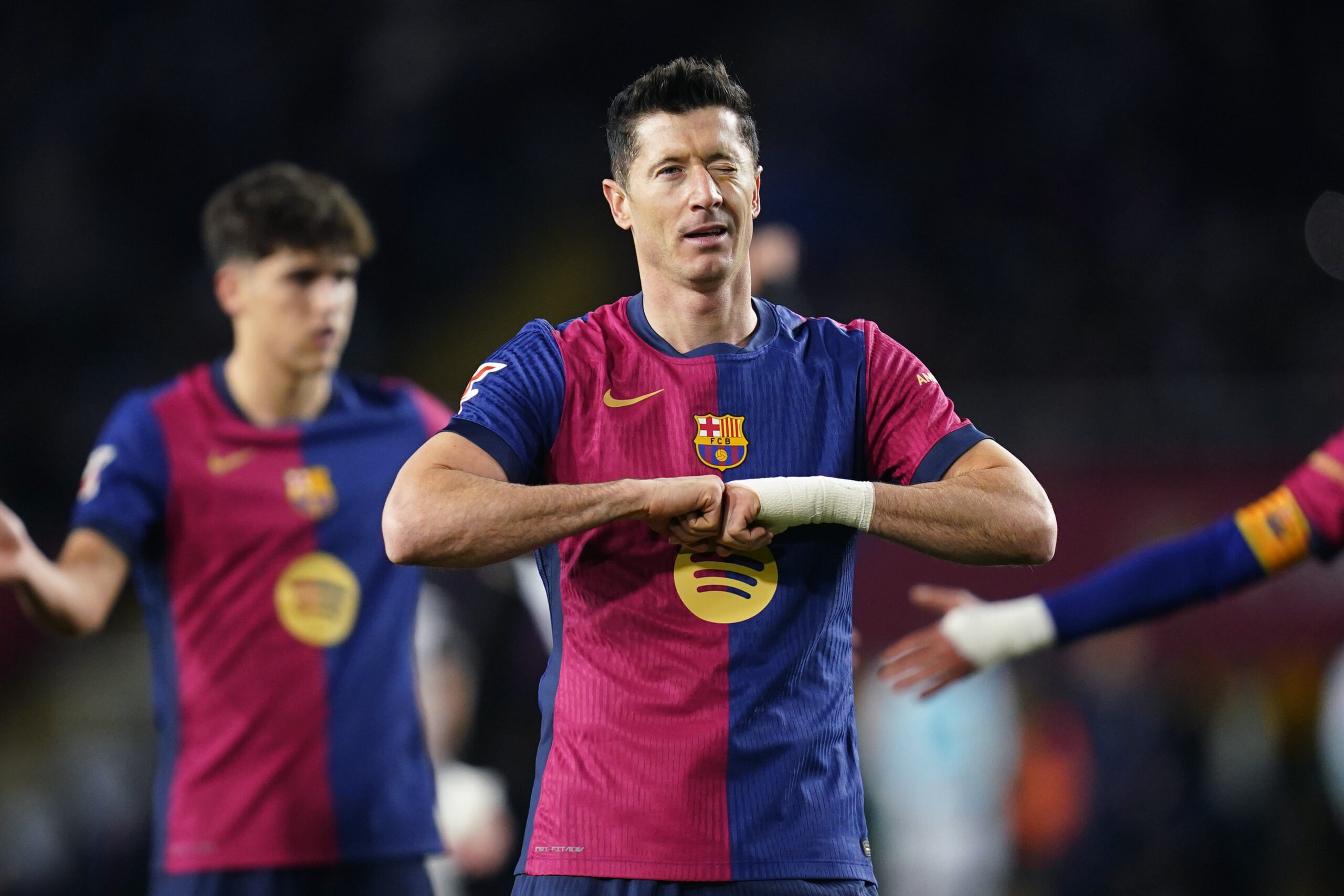 Robert Lewandowski of FC Barcelona celebrates the 6-1 during the La Liga EA Sports match between FC Barcelona and Valencia CF played at Lluis Companys Stadium on January 26, 2025 in Barcelona, Spain. (Photo by Sergio Ruiz / IMAGO)  (Photo by pressinphoto/Sipa USA)
2025.01.26 Barcelona
pilka nozna liga hiszpanska
FC Barcelona - Valencia CF
Foto pressinphoto/SIPA USA/PressFocus

!!! POLAND ONLY !!!