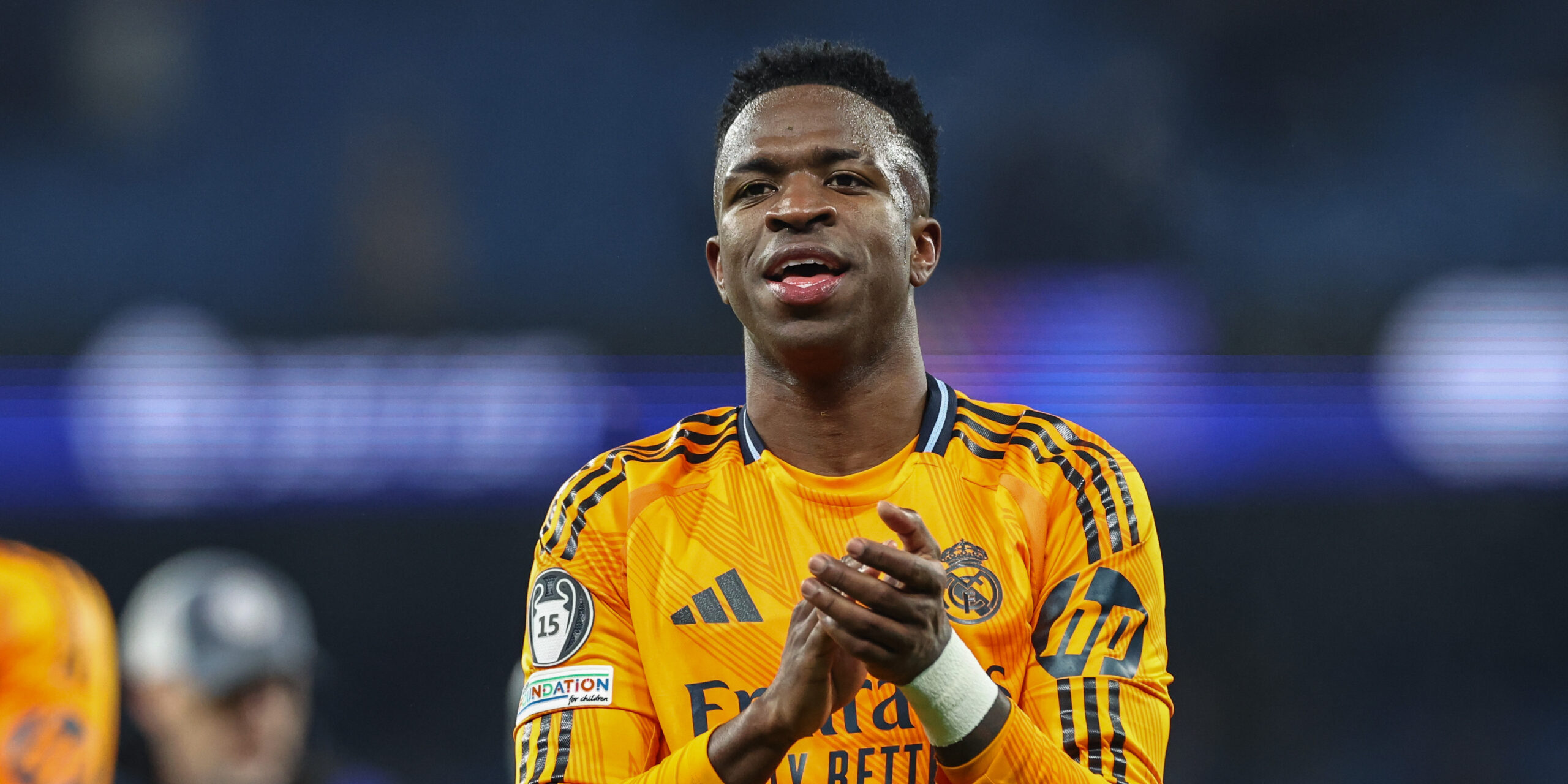 Vinicius Junior of Real Madrid celebrates the win during the UEFA Champions League Knockout Round Play-off Manchester City v Real Madrid at Etihad Stadium, Manchester, United Kingdom, 11th February 2025

(Photo by Mark Cosgrove/News Images) in Manchester, United Kingdom on 2/11/2025. (Photo by Mark Cosgrove/News Images/Sipa USA)
2025.02.11 Manchester
pilka nozna Liga Mistrzow
Manchester City - Real Madryt
Foto Mark Cosgrove/News Images/SIPA USA/PressFocus

!!! POLAND ONLY !!!