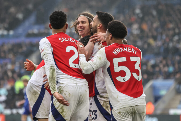Mikel Merino of Arsenal celebrates his goal to make it 0-2 during the Premier League match Leicester City vs Arsenal at King Power Stadium, Leicester, United Kingdom, 15th February 2025

(Photo by Alfie Cosgrove/News Images) in Leicester, United Kingdom on 2/15/2025. (Photo by Alfie Cosgrove/News Images/Sipa USA)
2025.02.15 Leicester
pilka nozna liga angielska
Leicester City FC - Arsenal FC
Foto News Images/SIPA USA/PressFocus

!!! POLAND ONLY !!!