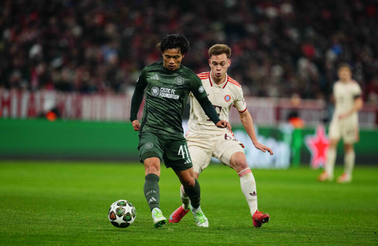February 18 2025: Joshua Kimmich of Bayern Munich and Reo Hatate of Celtic FC battle for the ball during a Champions League knock out round game, FC Bayern Munich versus Celtic FC, at Allianz Areana, Munich, Germany. Ulrik Pedersen/CSM/Sipa USA (Credit Image: © Ulrik Pedersen/Cal Sport Media/Sipa USA)
2025.02.18 Monachium
pilka nozna Liga Mistrzow
Bayern Monachium - Celtic Glasgow
Foto Ulrik Pedersen/Cal Sport Media/SIPA USA/PressFocus

!!! POLAND ONLY !!!