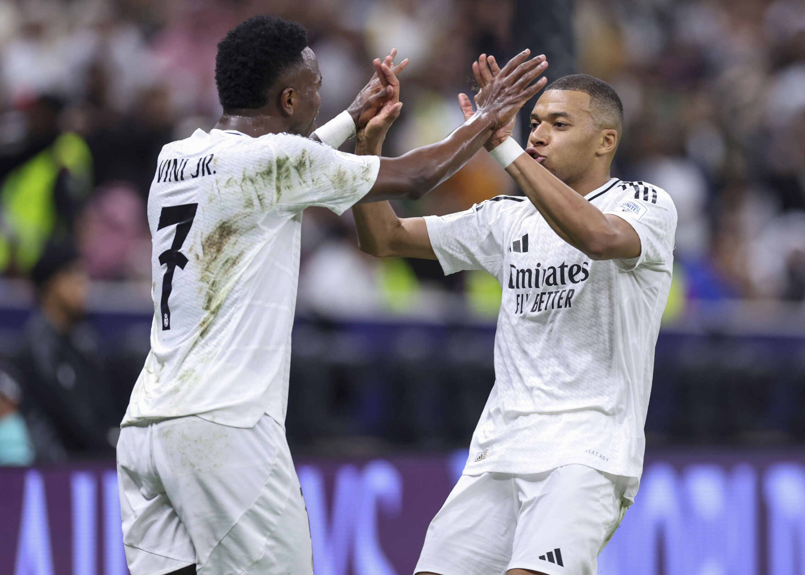 (241219) -- LUSAIL, Dec. 19, 2024 (Xinhua) -- Kylian Mbappe (R) celebrates with his teammate Vinicius Junior of Real Madrid after scoring the opening goal during the FIFA Intercontinental Cup Qatar 2024 Final match between Spain&#039;s Real Madrid and Mexico&#039;s CF Pachuca at Lusail Stadium in Lusail, Qatar, on Dec. 18, 2024. (Photo by Nikku/Xinhua)

18.12.2024 LUSAIL
pilka nozna Puchar Interkontynentalny FIFA 2024
Real Madryt - CF Pachuca
FOTO Nikku / Xinhua / PressFocus

POLAND ONLY!!