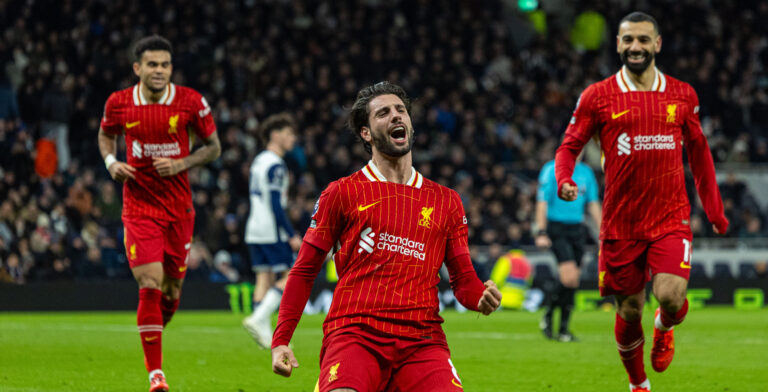(241223) -- LONDON, Dec. 23, 2024 (Xinhua) -- Liverpool&#039;s Dominik Szoboszlai (C) celebrates after scoring his side&#039;s third goal during the English Premier League match between Tottenham Hotspur and Liverpool in London, Britain, on Dec. 22, 2024. (Xinhua)
FOR EDITORIAL USE ONLY. NOT FOR SALE FOR MARKETING OR ADVERTISING CAMPAIGNS. NO USE WITH UNAUTHORIZED AUDIO, VIDEO, DATA, FIXTURE LISTS, CLUB/LEAGUE LOGOS OR &quot;LIVE&quot; SERVICES. ONLINE IN-MATCH USE LIMITED TO 45 IMAGES, NO VIDEO EMULATION. NO USE IN BETTING, GAMES OR SINGLE CLUB/LEAGUE/PLAYER PUBLICATIONS.

2024.12.22 Londyn
pilka nozna liga angielska
Tottenham Hotspur - FC Liverpool
Foto Li Ying/Xinhua/PressFocus

!!! POLAND ONLY !!!