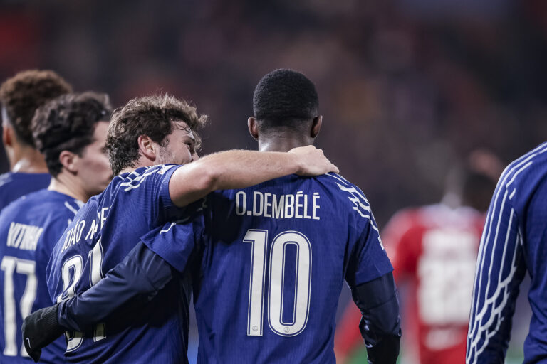 Brest, France - February 11: Ousmane Dembele of Paris Saint Germain R) celebrates his goal with teammate Joao Neves L) during the UEFA Champions League 2024/25 League Knockout Play-off first leg match between Stade Brestois 29 and Paris Saint-Germain at Stade de Roudourou on February 11, 2025 in Brest, France.  (Photo by Antonio Borga/Just Pictures/Sipa USA)
2025.02.11 Brest
pilka nozna , Liga Mistrzow
Stade Brestois 29 - Paris Saint-Germain
Foto Antonio Borga/Just Pictures/SIPA USA/PressFocus

!!! POLAND ONLY !!!