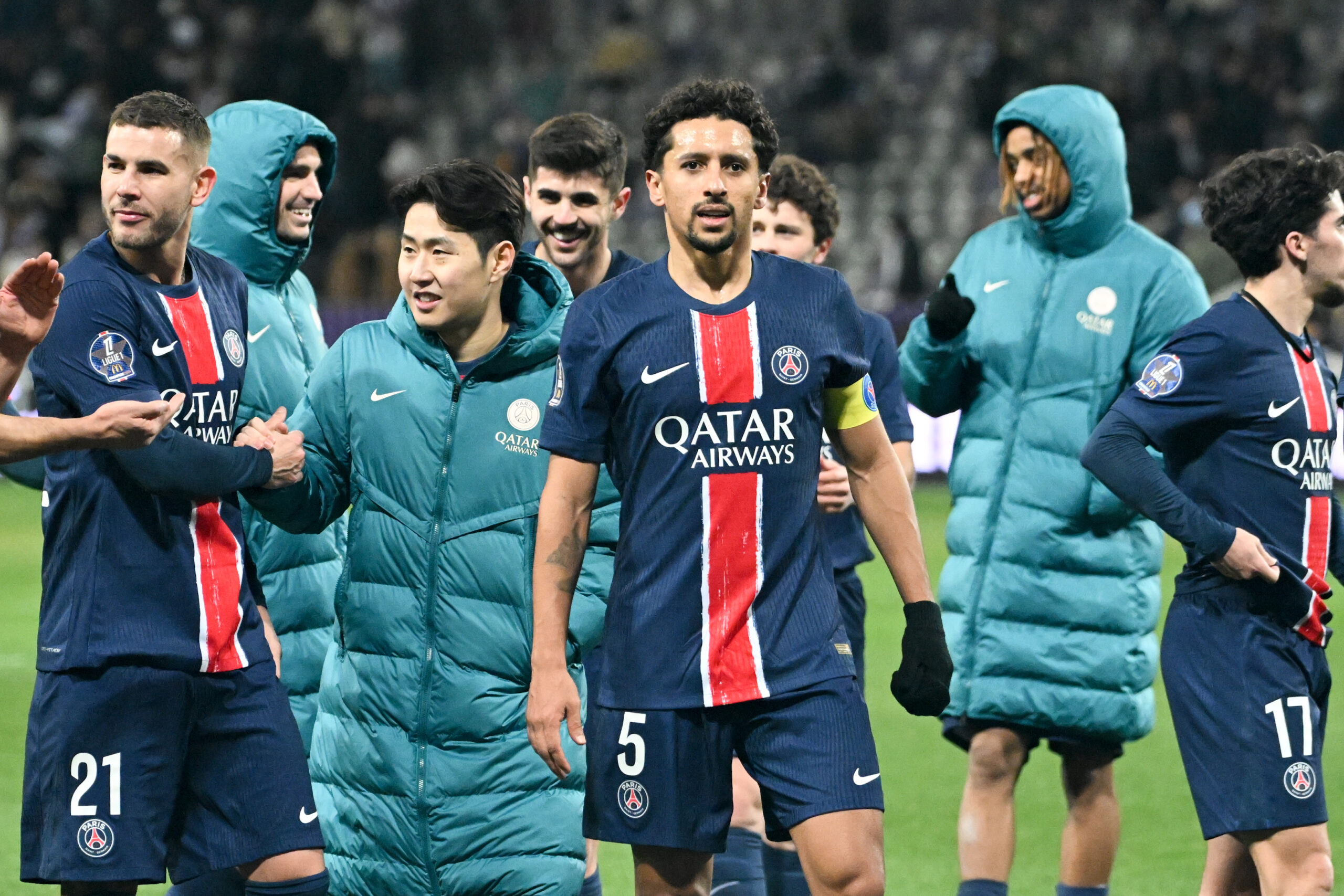 21 Lucas HERNANDEZ (psg) - 19 Lee KANG IN (psg) - 05 MARQUINHOS (psg) during the Ligue 1 McDonald&#039;s match between Toulouse and Paris at Stadium de Toulouse on February 15, 2025 in Toulouse, France. (Photo by Christophe Saidi/FEP/Icon Sport/Sipa USA)
2025.02.15 Toulouse
pilka nozna liga francuska
Toulouse FC - PSG 
Foto Icon Sport/SIPA USA/PressFocus

!!! POLAND ONLY !!!