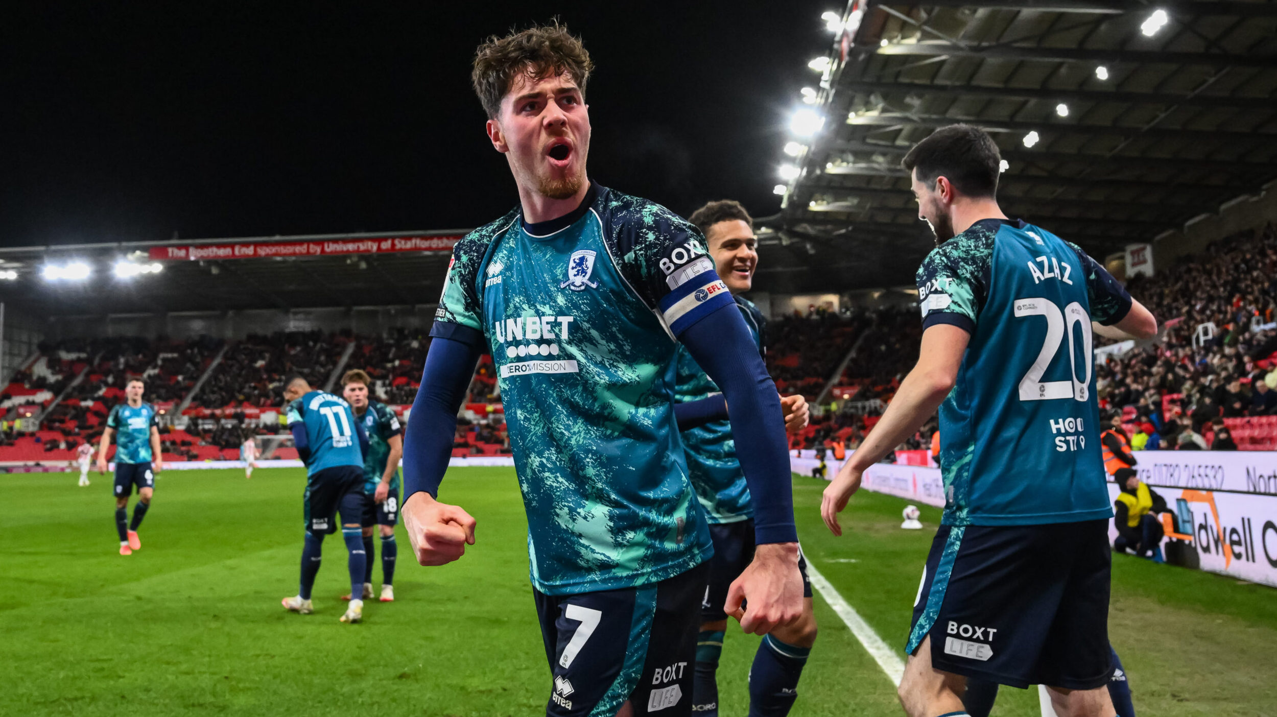 Hayden Hackney of Middlesbrough celebrates his sides goal to make it 1-2 during the Sky Bet Championship match Stoke City vs Middlesbrough at Bet365 Stadium, Stoke-on-Trent, United Kingdom, 25th February 2025

(Photo by Craig Thomas/News Images) in ,  on 2/25/2025. (Photo by Craig Thomas/News Images/Sipa USA)
2025.02.25 Stoke-on-Trent
pilka nozna liga angielska
Stoke City - Middlesbrough
Foto Craig Thomas/News Images/SIPA USA/PressFocus

!!! POLAND ONLY !!!
