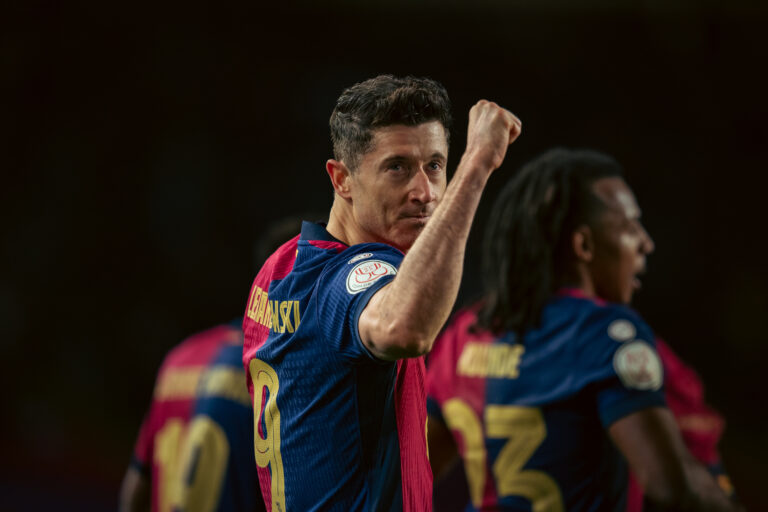 (250226) -- BARCELONA, Feb. 26, 2025 (Xinhua) -- Robert Lewandowski of FC Barcelona celebrates a goal during the Copa del Rey semifinal 1st leg football match between FC Barcelona and Atletico de Madrid in Barcelona, Spain, on Feb. 25, 2025. (Photo by Joan Gosa/Xinhua)

2025.02.25 Barcelona
pilka nozna Puchar Krola
FC Barcelona - Atletico Madryt
Foto Joan Gosa/Xinhua/PressFocus

!!! POLAND ONLY !!!