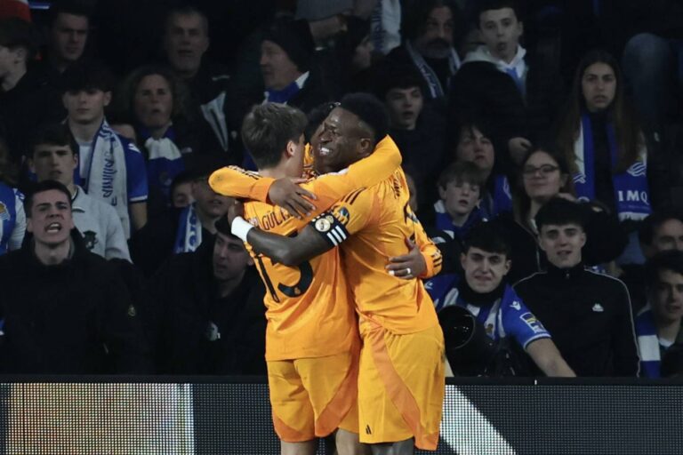 Spanish King Cup (Copa del Rey) soccer match Real Sociedad vs Real Madrid at Reale Arena Stadium in San Sebastian, Spain 26 February 2025
Endrick celebrates a goal with Venicius Jr and Arda Guler

(Photo by Cordon Press/Sipa USA)
2025.02.26 San Sebastian
pilka nozna Puchar Krola
Real Sociedad - Real Madryt
Foto Cordon/SIPA USA/PressFocus

!!! POLAND ONLY !!!