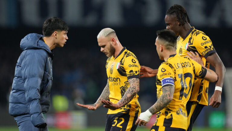 Inter Milan’s Federico Dimarco celebrate after scoring during the Serie A EniLive soccer match between Napoli and Inter at the Naples Diego Armando Maradona stadium, Italy - Saturday March 01, 2025 - Sport  Soccer ( Photo by Alfredo Falcone/LaPresse ) (Photo by Alfredo Falcone/LaPresse/Sipa USA)
2025.03.01 Neapol
pilka nozna liga wloska
SSC Napoli - Inter Mediolan 
Foto IPA/SIPA USA/PressFocus

!!! POLAND ONLY !!!