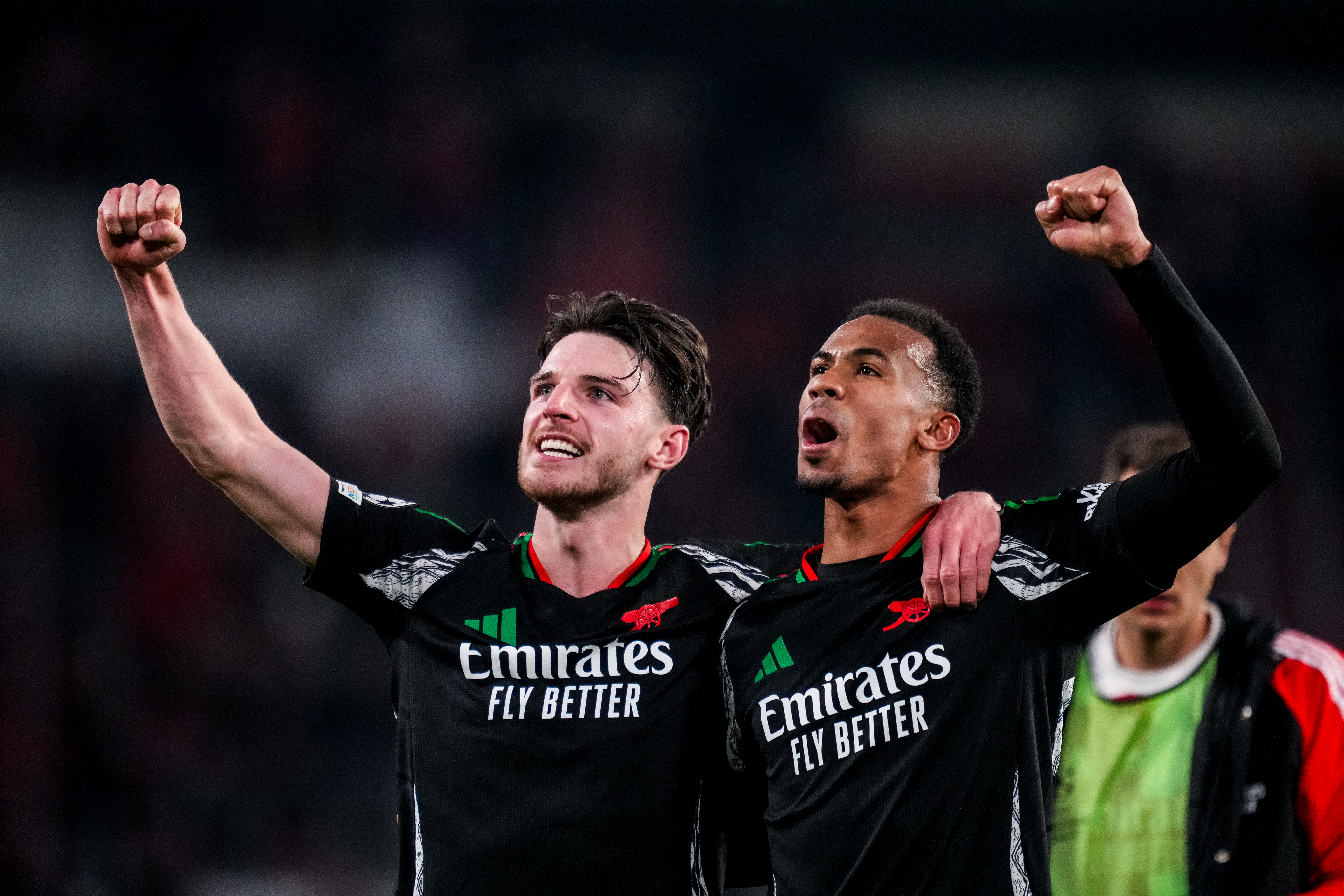 EINDHOVEN, NETHERLANDS - MARCH 4: Declan Rice of Arsenal and Gabriel Jesus of Arsenal celebrate their team&#039;s win after the UEFA Champions League 2024/25 UEFA Champions League 2024/25 Round of 16 first leg match between PSV and Arsenal FC at the Philips Stadion on March 4, 2025 in Eindhoven, Netherlands. (Photo by Rene Nijhuis/MB Media)

04.03.2025 Eindhoven
pilka nozna liga mistrzow
PSV Eindhoven - Arsenal FC
Foto Rene Nijhuis/MB Media  / PressFocus 
POLAND ONLY!!
