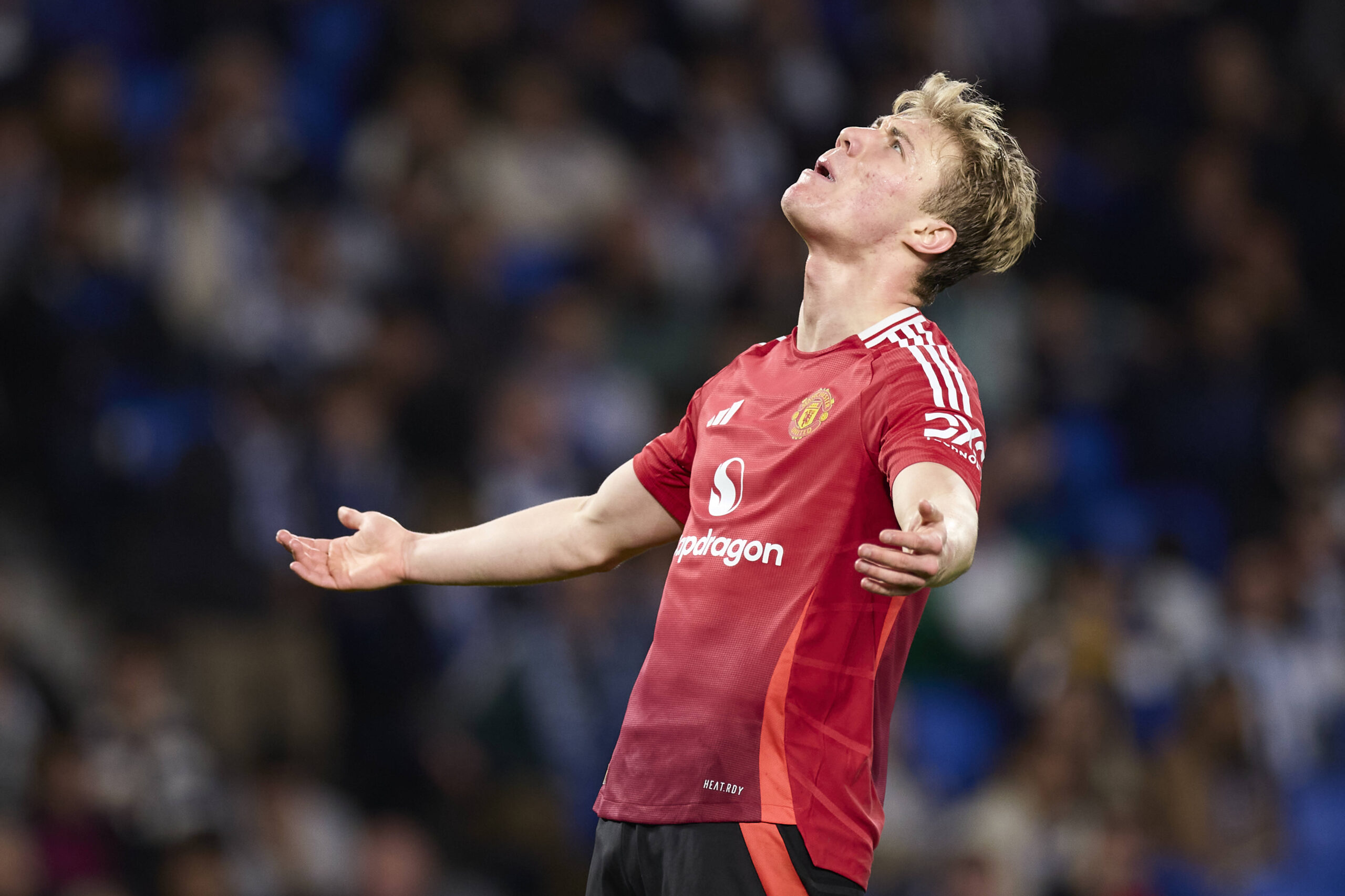 Real Sociedad v Manchester United, ManU - UEFA Europa League 2024/25 Round of 16 First Leg Rasmus Hojlund of Manchester United reacts during the UEFA Europa League 2024/25 Round of 16 First Leg match between Real Sociedad and Manchester United at Reale Arena on March 6, 2025, in San Sebastian, Spain. San Sebastian Reale Arena Basque Country Spain RL_RSOvMUTD_000190 Copyright: xRicardoxLarreinax
2025.03.06 San Sebastian
pilka nozna , Liga Europy
Real Sociedad San Sebastian - Manchester United
Foto IMAGO/PressFocus

!!! POLAND ONLY !!!