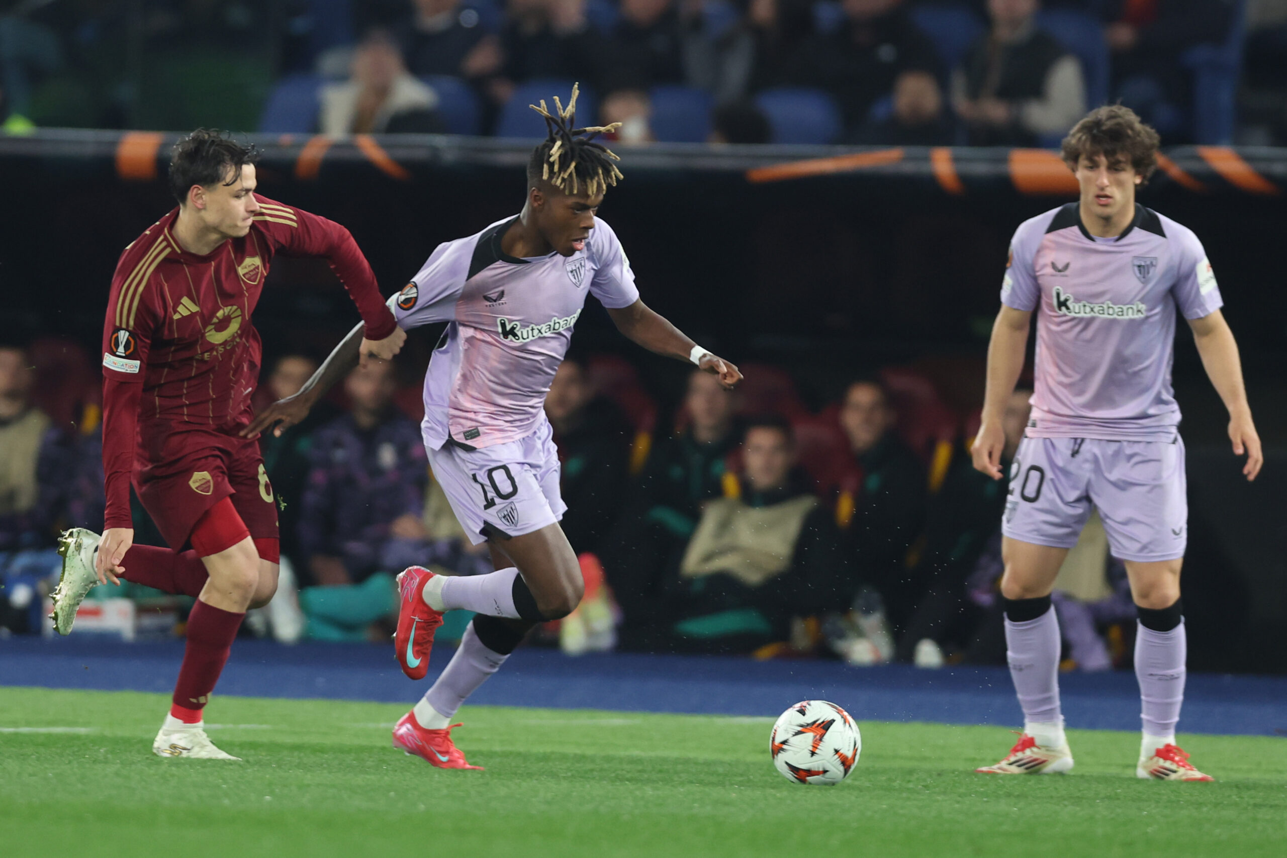 Rome, Italy 6.03.2025: Niccolo Pisilli of Roma, Nico Williams of Bilbao seen in action during the Uefa Europa League 2024-2025, Round of 16, football match between AS Roma vs Athletic Club Bilbao at Olympic Stadium in Rome. (Photo by Marco Iacobucci/IPA Sport / ipa-agency.net/IPA/Sipa USA)
2025.03.06 Rome
pilka nozna liga europy
AS Roma - Athletic Bilbao
Foto Marco Iacobucci/IPA Sport / ipa-agency.net/SIPA USA/PressFocus

!!! POLAND ONLY !!!