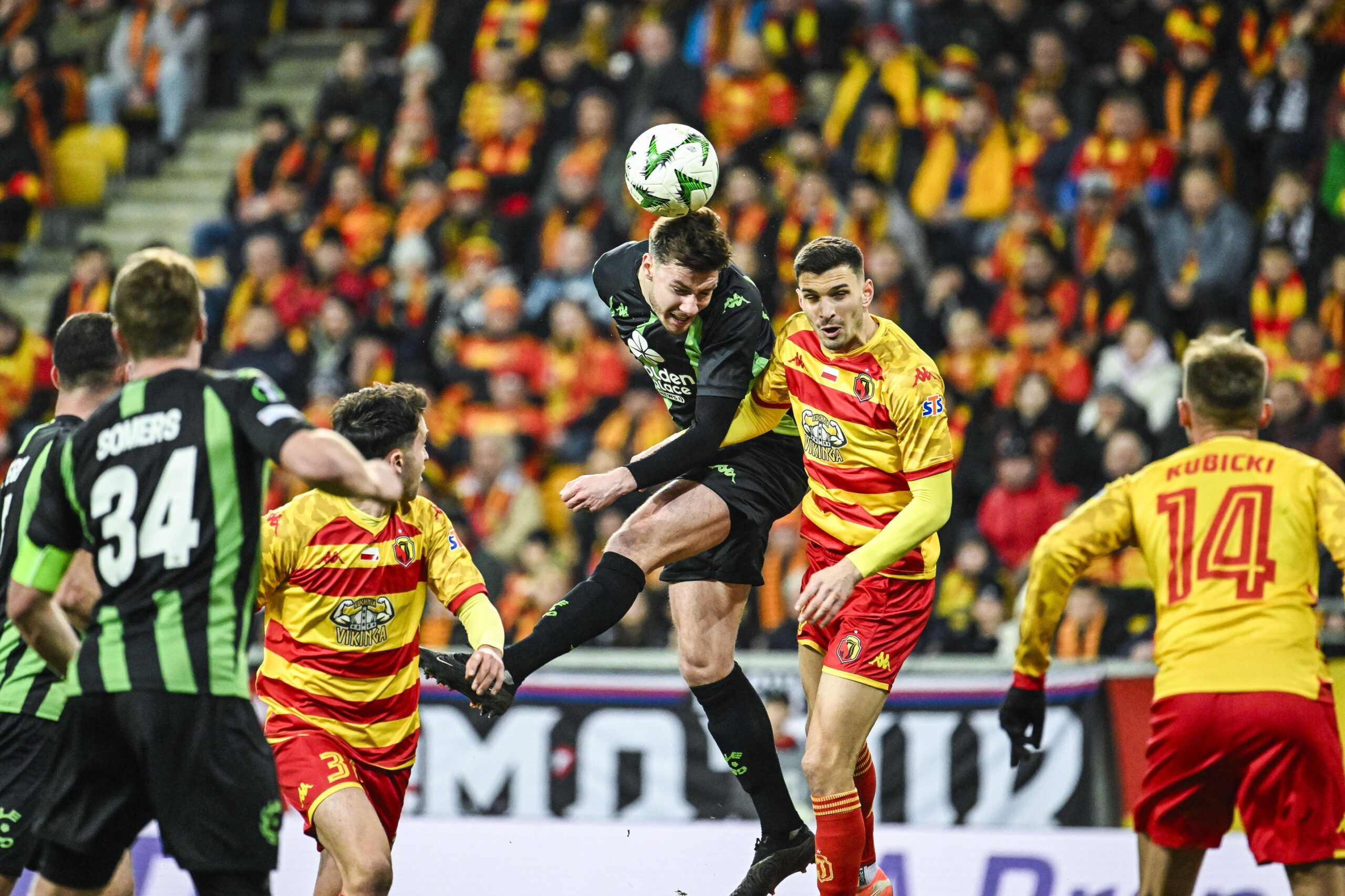 Cercle's Edgaras Utkus and Jagiellonia's Dusan Stojinovic pictured in action during a soccer game between Polish Jagiellonia Bialystok and Belgian Cercle Brugge KSV, Thursday 06 March 2025 in Bialystok, Poland, the first leg of the round of 16 of the UEFA Conference League tournament. BELGA PHOTO TOM GOYVAERTS (Photo by Tom Goyvaerts/Belga/Sipa USA)
2025.03.06 BIALYSTOK
pilka nozna liga konferencji
Jagiellonia Bialystok - Cercle Brugge KSV
Foto Belga/SIPA USA/PressFocus
!!! POLAND ONLY !!!