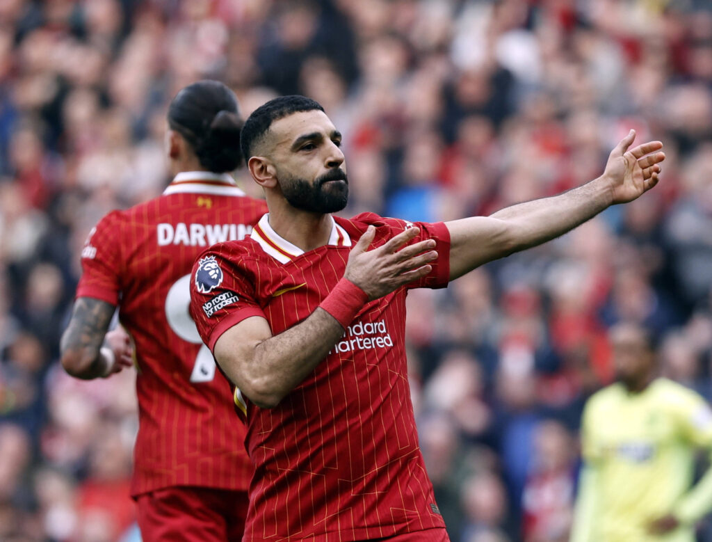 Football - 2024 / 2025 Premier League - Liverpool vs Southampton - Anfield - Saturday 8th March 2025 Mohamed Salah of Liverpool celebrates after he scores from the penalty spot to put Liverpool 2-1 ahead early in the second half, at Anfield. PUBLICATIONxNOTxINxUK
2025.03.08 Liverpool
pilka nozna , liga angielska
FC Liverpool - Southampton
Foto IMAGO/PressFocus

!!! POLAND ONLY !!!