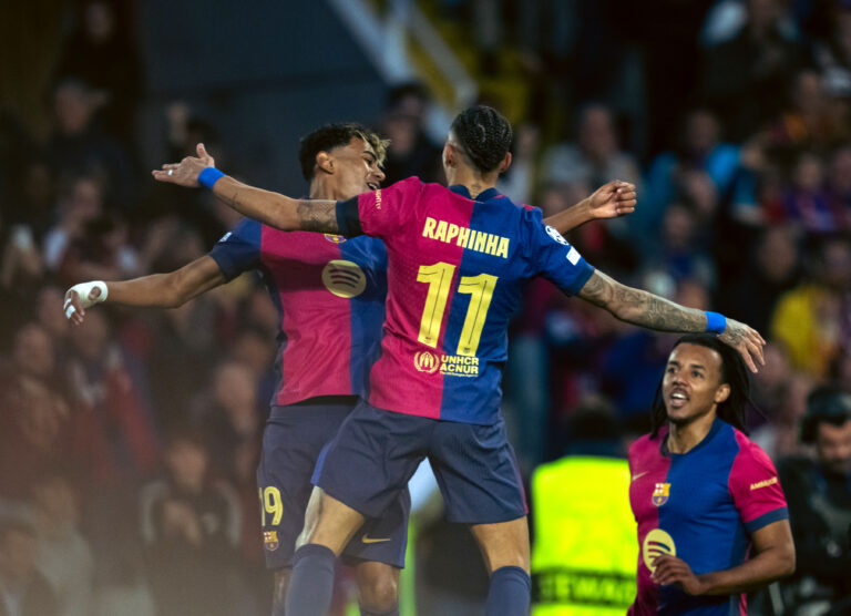 (250312) -- BARCELONA, March 12, 2025 (Xinhua) -- Barcelona&#039;s Raphinha (C) celebrates his goal with teammate Lamine Yamal (L) during the UEFA Champions League Round of 16 2nd leg football match between FC Barcelona and SL Benfica in Barcelona, Spain, on March 11, 2025. (Photo by Joan Gosa/Xinhua)

11.03.2025 BARCELONA
pilka nozna liga mistrzow
FC Barcelona - SL Benfica
FOTO Joan Gosa / Xinhua / PressFocus

POLAND ONLY!!