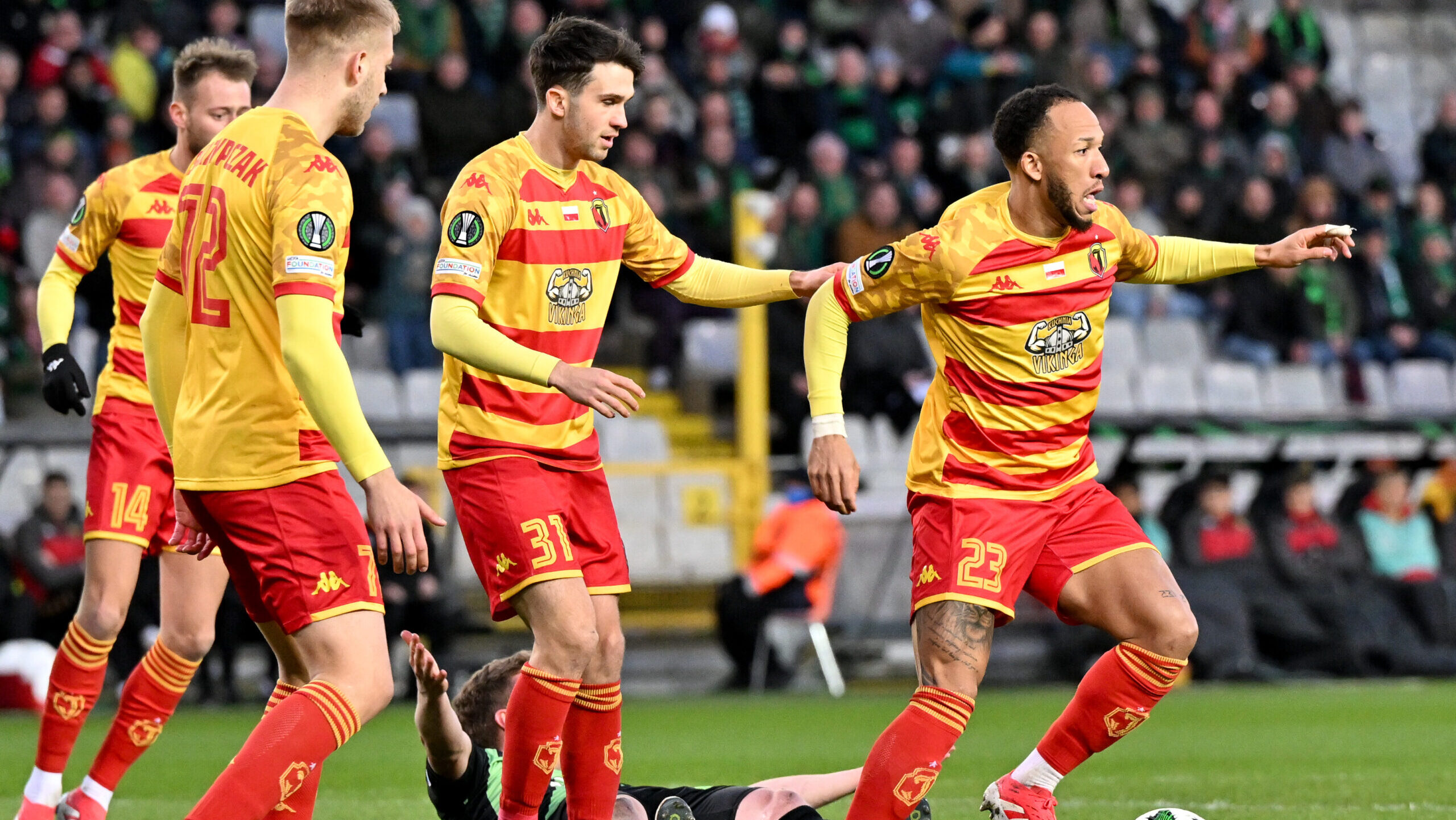 Leon Flach (31) of Jagiellonia and Enzo Ebosse (23) of Jagiellonia pictured in action during the Round of 16 2nd leg game in the Uefa Conference League season 2024-2025 between Cercle Brugge KSV and Jagiellonia Bialystok from Poland on March 13 , 2025 in Brugge, Belgium. (Photo by David Catry / Isosport/Content Curation/Sipa USA)
2025.03.13 Brugia
pilka nozna liga konferencji 
Cercle Brugge - Jagiellonia Bialystok
Foto Content Curation/SIPA USA/PressFocus

!!! POLAND ONLY !!!