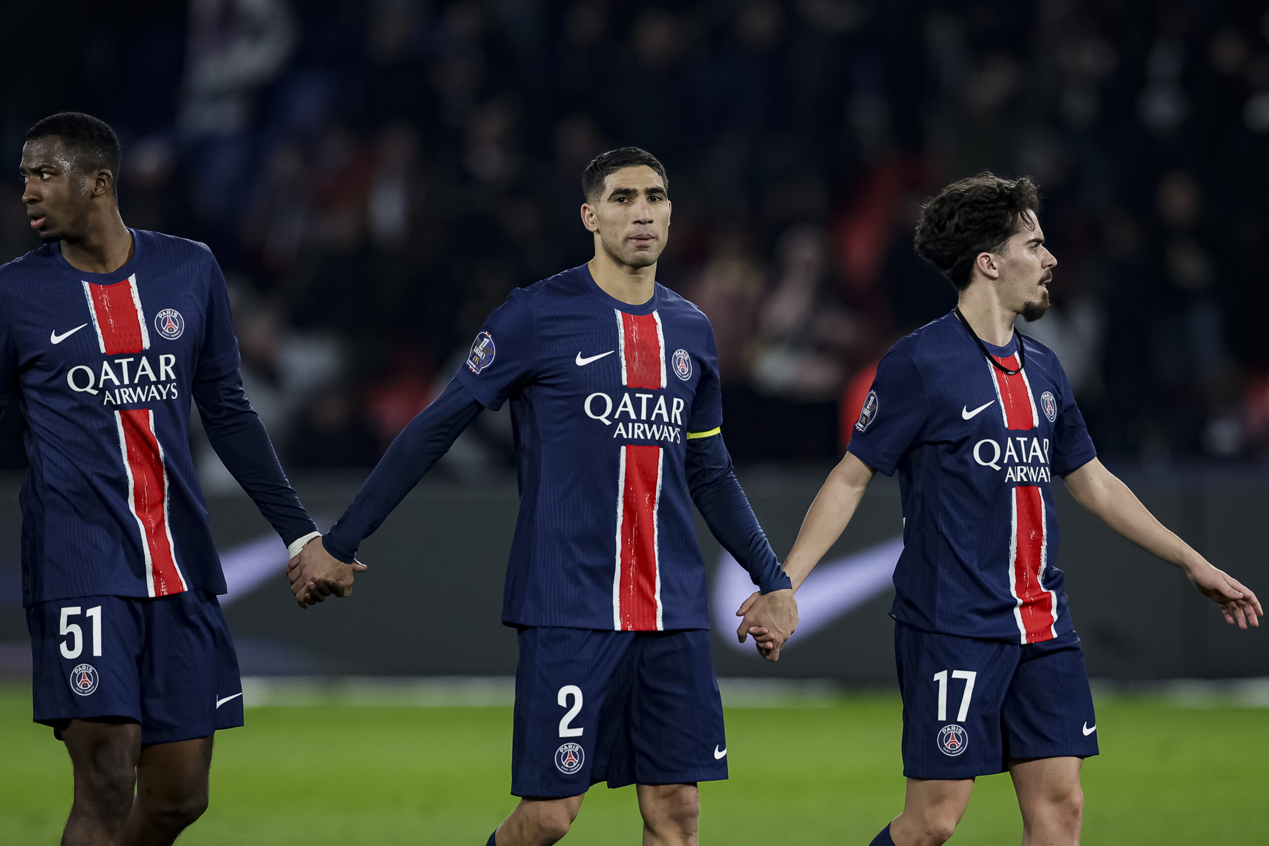 Achraf Hakimi of Paris Saint Germain (C) celebrates with his teammates after winning Marseille during the France Ligue 1 match between Paris Saint-Germain FC and Olympique de Marseille at Parc des Princes on March 16, 2025 in Paris, France. (Photo by JustPictures) (Photo by Eurasia Sport Images/Just Pictures/Sipa USA)
2025.03.16 Paryz
pilka nozna liga francuska
PSG - Olympique Marsylia
Foto Just Pictures/SIPA USA/PressFocus

!!! POLAND ONLY !!!