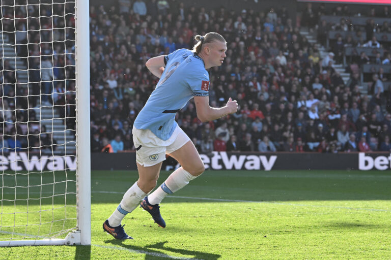 Bournemouth v Manchester City FA Cup 30/03/2025. Quarter Final Goal 1-1 - Erling Haaland 9 of Manchester City celebrates scoring the equalising goal during the FA Cup quarter final match between Bournemouth and Manchester City at the Vitality Stadium, Bournemouth, England on 30 March 2025. Bournemouth Vitality Stadium Dorset England Editorial use only , Copyright: xGrahamxHuntx PSI-21721-0092
2025.03.30 Bournemouth
pilka nozna , Puchar Anglii
AFC Bournemouth - Manchester City
Foto IMAGO/PressFocus

!!! POLAND ONLY !!!