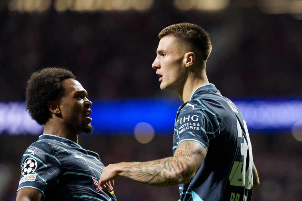 Madrid, Spain - September 19: Benjamin Sesko of Leipzig R) celebrating his goal with his teammate Lois Openda L) during the UEFA Champions League 2024/25 League Phase MD1 match between Atletico de Madrid and RB Leipzig at Estadio Civitas Metropolitano on September 19, 2024 in Madrid, Spain.  (Photo by Alberto Gardin/Just Pictures/Sipa USA)
2024.09.19 Madryt
pilka nozna Liga Mistrzow
Atletico Madryt - RB Lipsk
Foto Alberto Gardin/Just Pictures/SIPA USA/PressFocus

!!! POLAND ONLY !!!