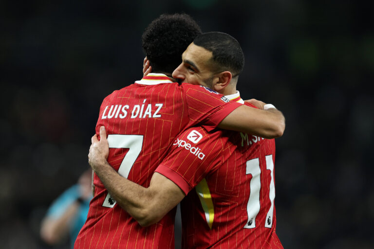 London, England, 22nd December 2024. Luis Diaz of Liverpool L celebrates with Mohamed Salah of Liverpool after scoring to make it 6-3 during the Premier League match at the Tottenham Hotspur Stadium, London. Picture credit should read: Paul Terry / Sportimage EDITORIAL USE ONLY. No use with unauthorised audio, video, data, fixture lists, club/league logos or live services. Online in-match use limited to 120 images, no video emulation. No use in betting, games or single club/league/player publications. SPI-3547-0076
2024.12.20 Londyn
pilka nozna liga angielska
Tottenham Hotspur - Liverpool FC
Foto IMAGO/PressFocus

!!! POLAND ONLY !!!