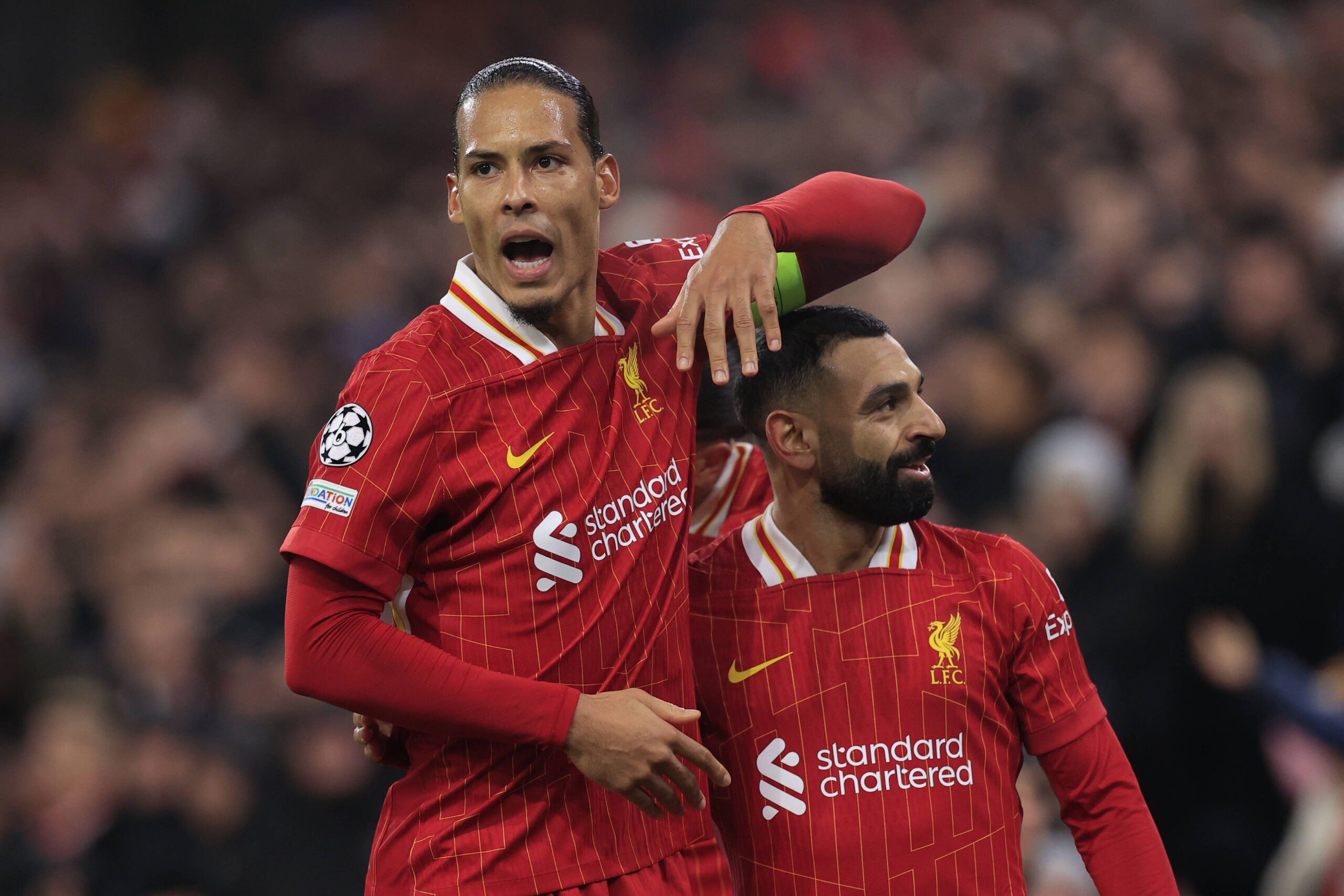 Liverpool v Lille OSC Champions League 21/01/2025. Virgil van Dijk 4 of Liverpool celebrates the opening goal scored by Mohamed Salah 11 of Liverpool to make it 1-0 during the Champions League match between Liverpool and Lille OSC at Anfield, Liverpool, England on 21 January 2025. Liverpool Anfield Merseyside England Editorial use only , Copyright: xConorxMolloyx PSI-21296-0030
2025.01.21 Liverpool
pilka nozna liga mistrzow
Liverpool FC - LOSC Lille
Foto IMAGO/PressFocus

!!! POLAND ONLY !!!