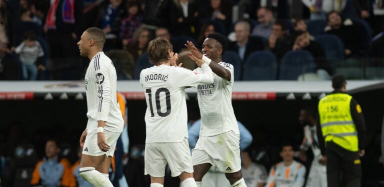 Spanish La Liga EA Sports soccer match Real Madrid vs Girona at Santiago Bernabeu Stadium in Madrid, 23 February 2025
Vinicius Jr celebrates a goal with Kylian Mbappe and Modric

(Photo by Cordon Press/Sipa USA)
2025.02.23 Madryt
pilka nozna liga hiszpanska
Real Madryt - Girona FC
Foto Cordon Press/SIPA USA/PressFocus

!!! POLAND ONLY !!!