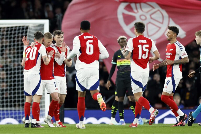 3/12/2025 - LONDON - (l-r) Jorginho of Arsenal FC, Oleksandr Zinchenko of Arsenal FC, Kieran Tierney of Arsenal FC celebrate the 1-0 during the UEFA Champions league match between Arsenal FC and PSV Eindhoven at Emirates Stadium on March 12, 2025 in London, England. ANP KOEN VAN WEEL /ANP/Sipa USA
2025.03.12 UEFA Champions League 2024/25 Round of 16 Second Leg
pilka nozna liga mistrzow
Arsenal FC - PSV Eindhoven
Foto ANP/SIPA USA/PressFocus

!!! POLAND ONLY !!!