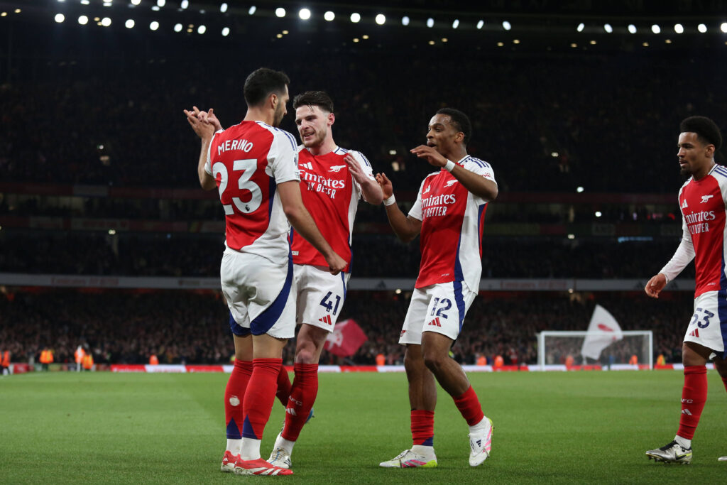 Arsenal v Fulham, London, UK - 1 Apr 2025 Goal celebrations for Mikel Merino of Arsenal, as he celebrates with Declan Rice, Jurrien Timber and Ethan Nwaneri during the Premier League match between Arsenal and Fulham at Emirates Stadium, Highbury, London on 1 April 2025. London Emirates Stadium London GBR Copyright: xJoshxSmith/PPAUKx PPA-177042
2025.04.01 Londyn
pilka nozna , liga angielska
Arsenal Londyn - Fulham
Foto IMAGO/PressFocus

!!! POLAND ONLY !!!