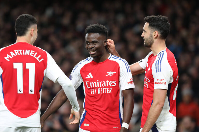 Arsenal v Fulham, London, UK - 1 Apr 2025 Goal celebrations for Bukayo Saka of Arsenal, with Gabriel Martinelli and Mikel Merino during the Premier League match between Arsenal and Fulham at Emirates Stadium, Highbury, London on 1 April 2025. London Emirates Stadium London GBR Copyright: xJoshxSmith/PPAUKx PPA-177114
2025.04.01 Londyn
pilka nozna , liga angielska
Arsenal Londyn - Fulham
Foto IMAGO/PressFocus

!!! POLAND ONLY !!!